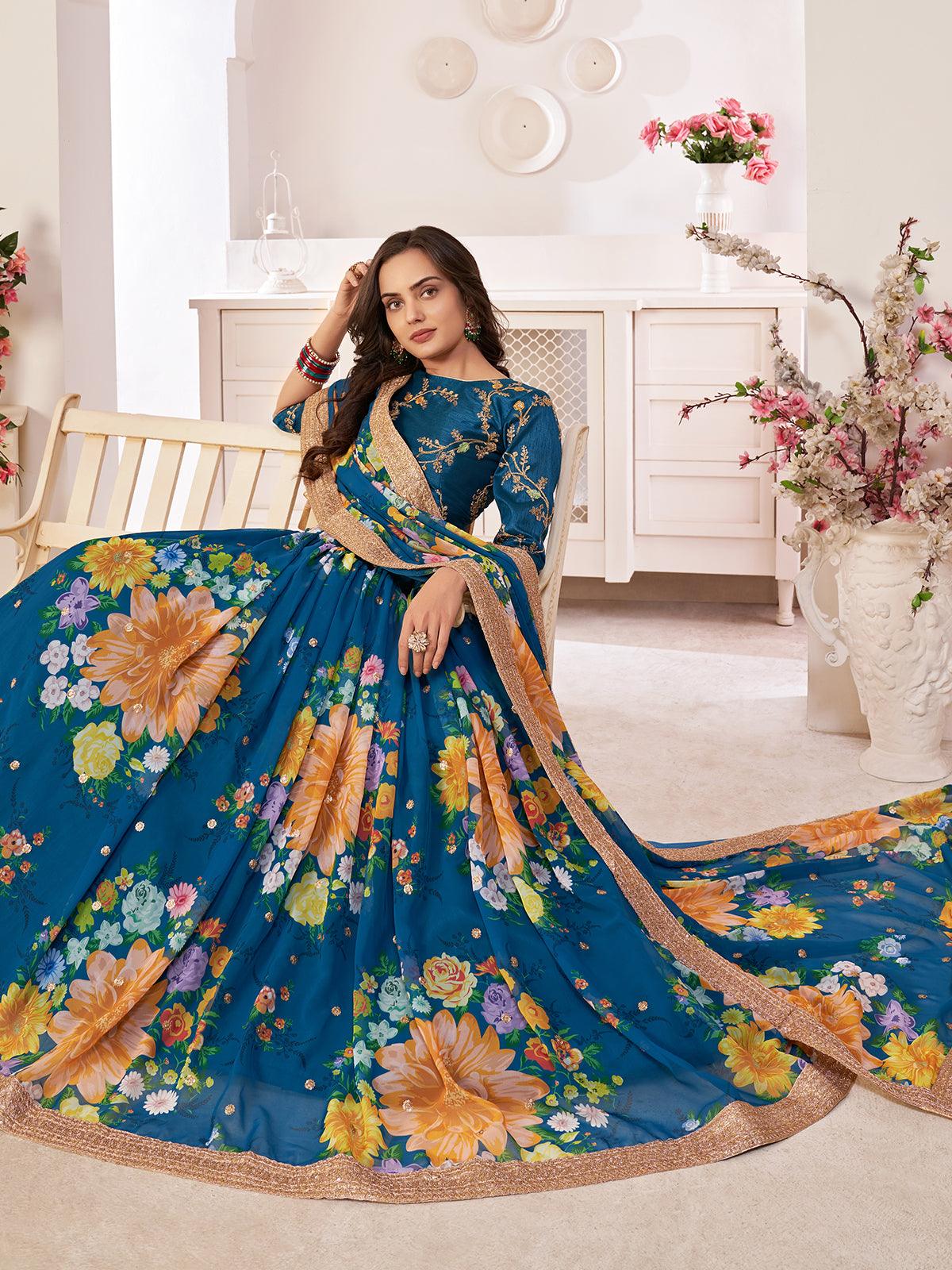 Odette Women Floral Rama Blue Georgette Semi Stitched Lehenga With Unstitched Blouse - Image 2