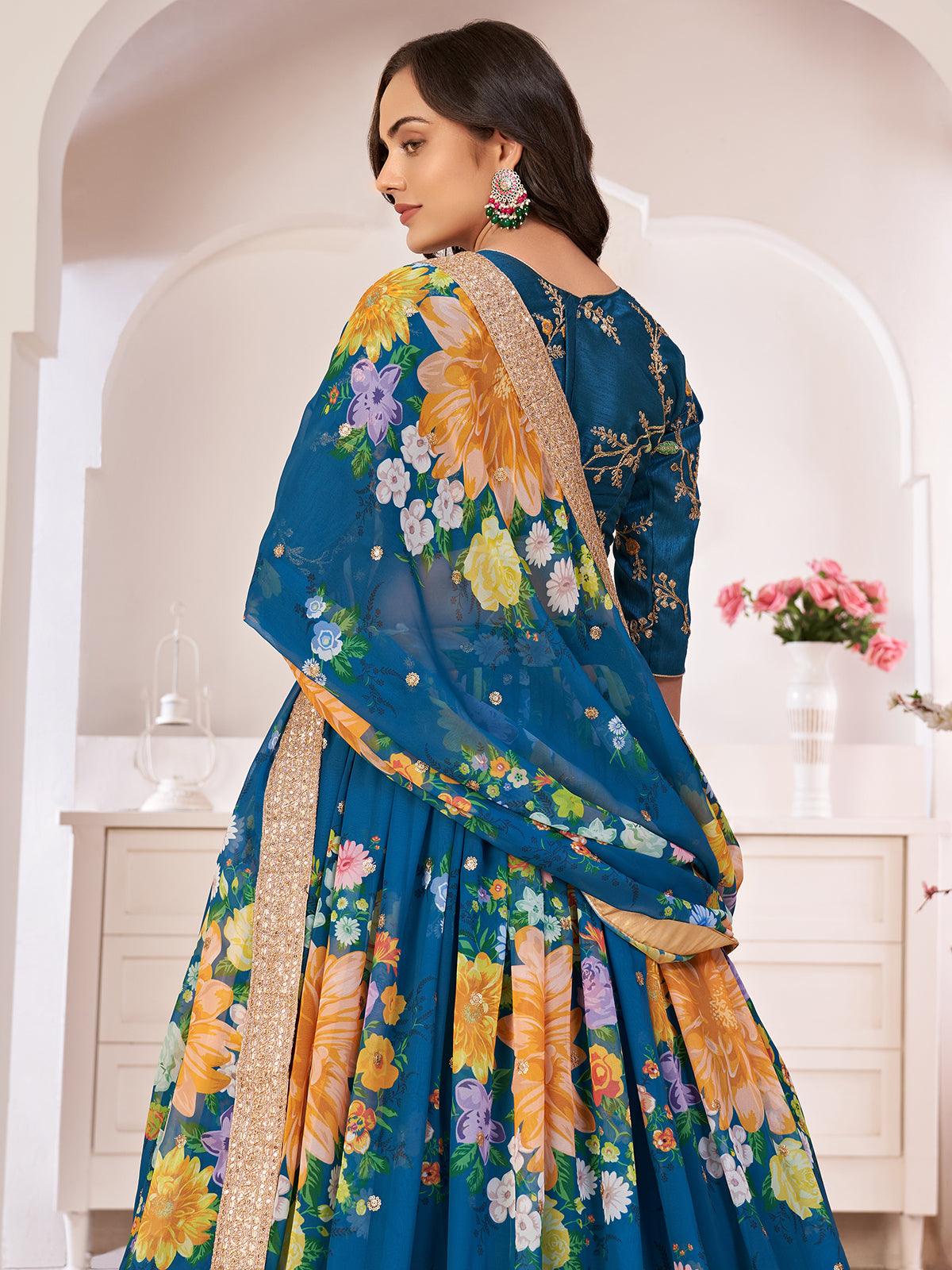 Odette Women Floral Rama Blue Georgette Semi Stitched Lehenga With Unstitched Blouse - Image 3