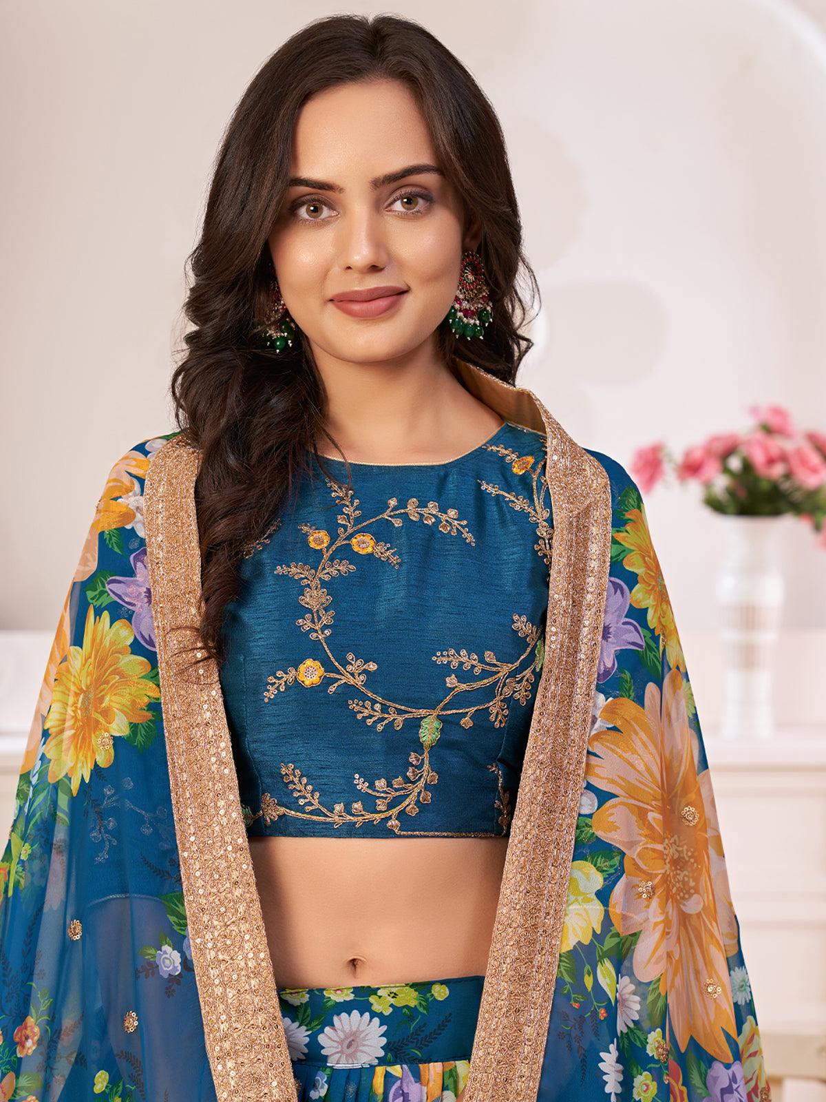 Odette Women Floral Rama Blue Georgette Semi Stitched Lehenga With Unstitched Blouse - Image 4