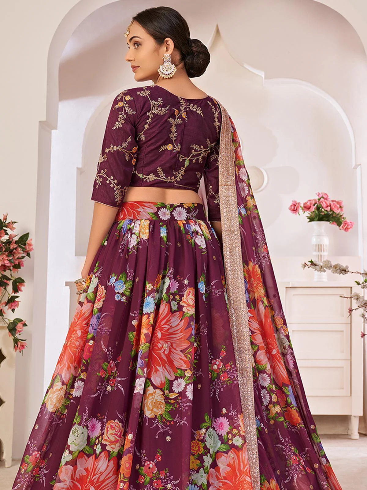 Odette Women Floral Violet Georgette Semi Stitched Lehenga With Unstitched Blouse - Image 3
