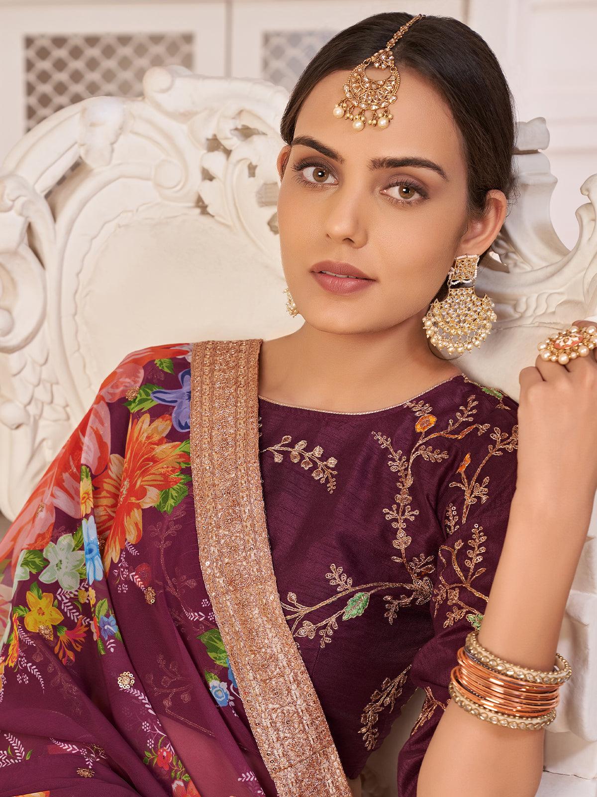 Odette Women Floral Violet Georgette Semi Stitched Lehenga With Unstitched Blouse - Image 4