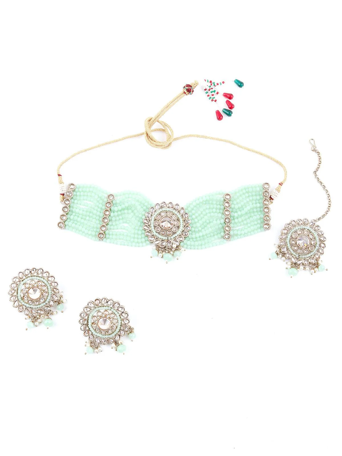 Odette Women Florina Light Green Choker Necklace Set - Image 3