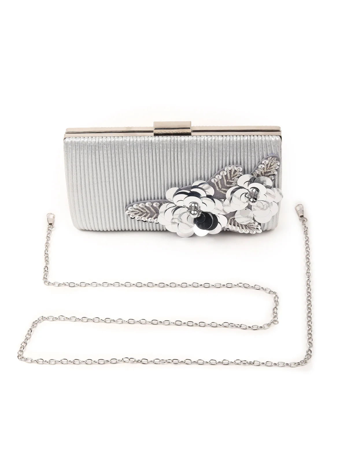 Odette Women Flower Embellished Silver Clutch - Image 3
