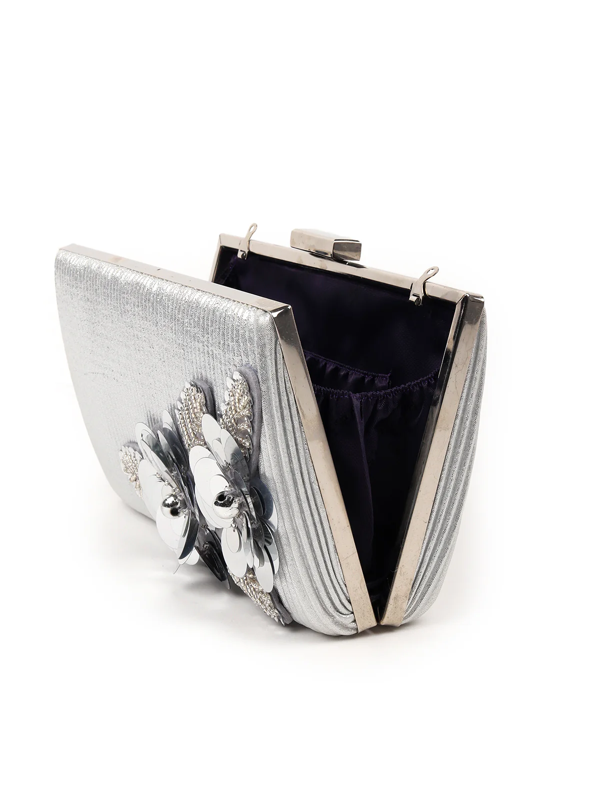 Odette Women Flower Embellished Silver Clutch - Image 6