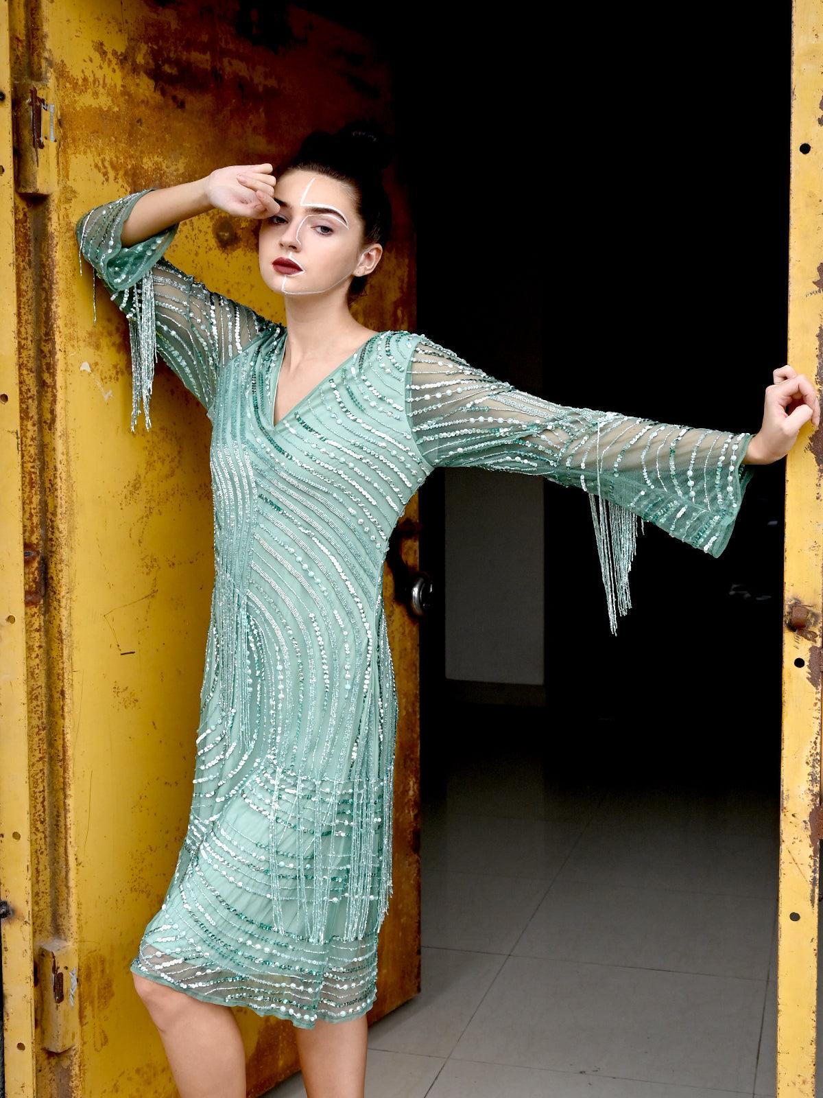Odette Women Green Fabric Stitched Dress - Image 2