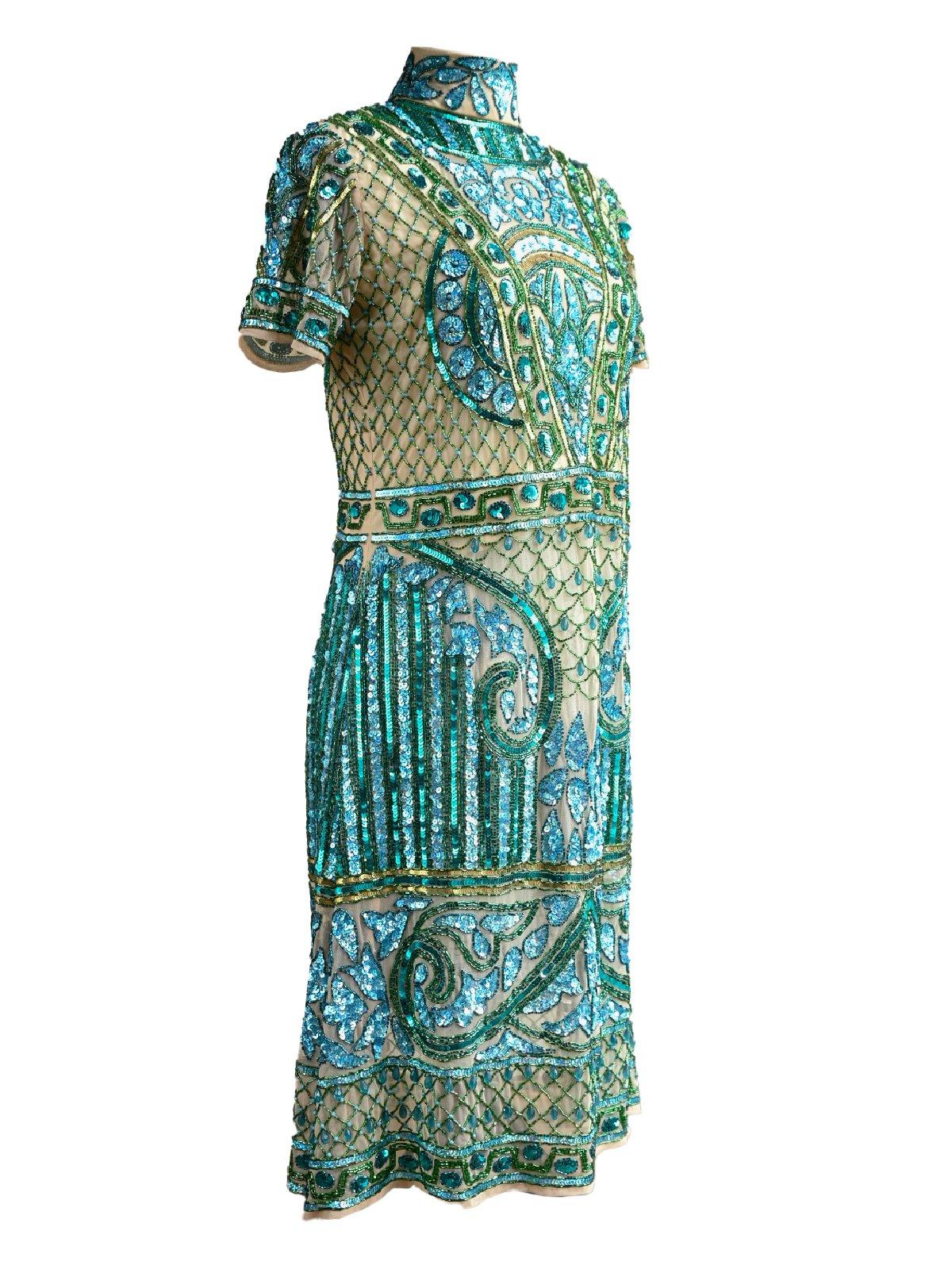 Odette Women Fully Beaded Turtle Neck Sequence Dress-Turquoise - Image 6