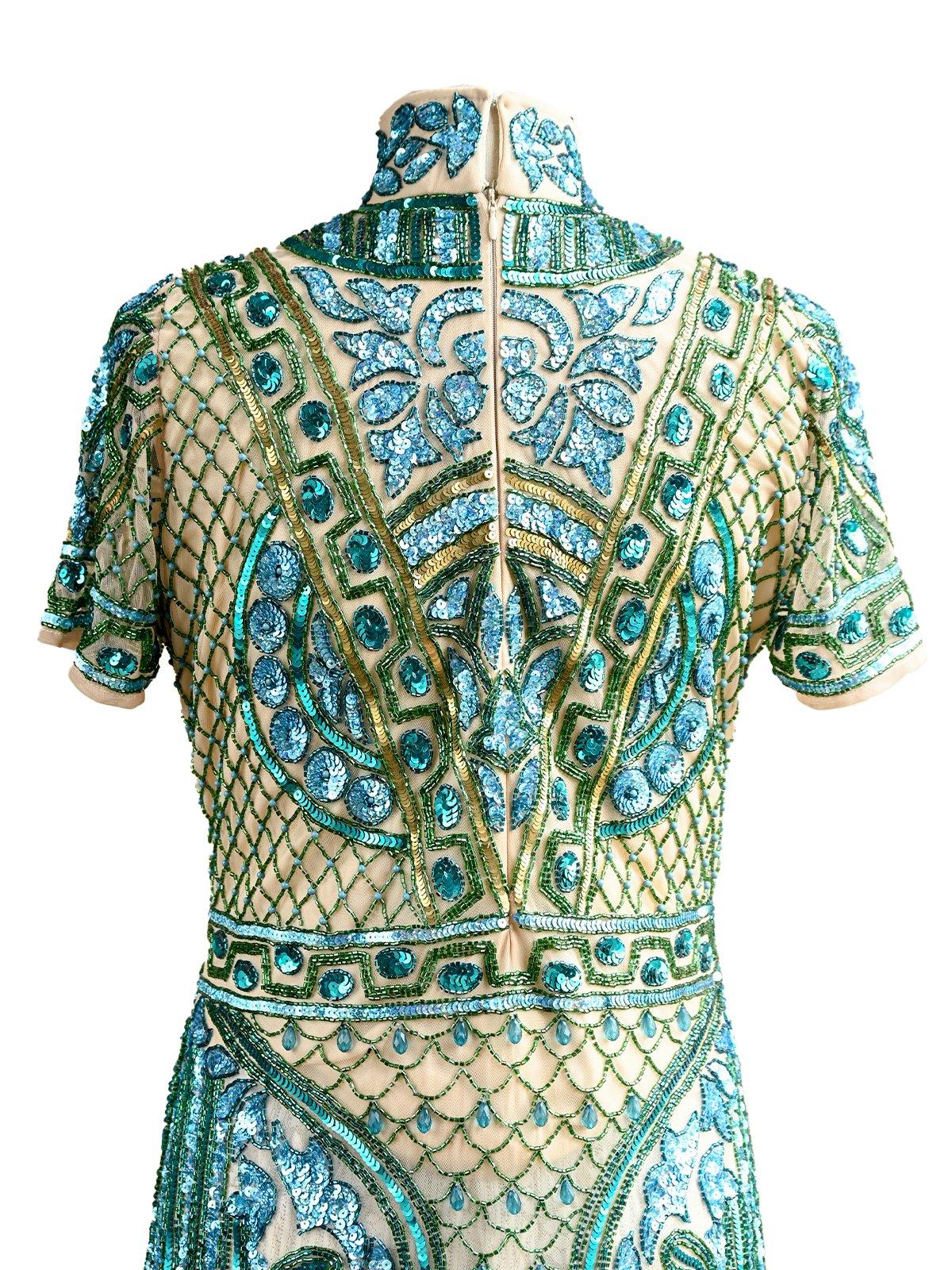 Odette Women Fully Beaded Turtle Neck Sequence Dress-Turquoise - Image 7