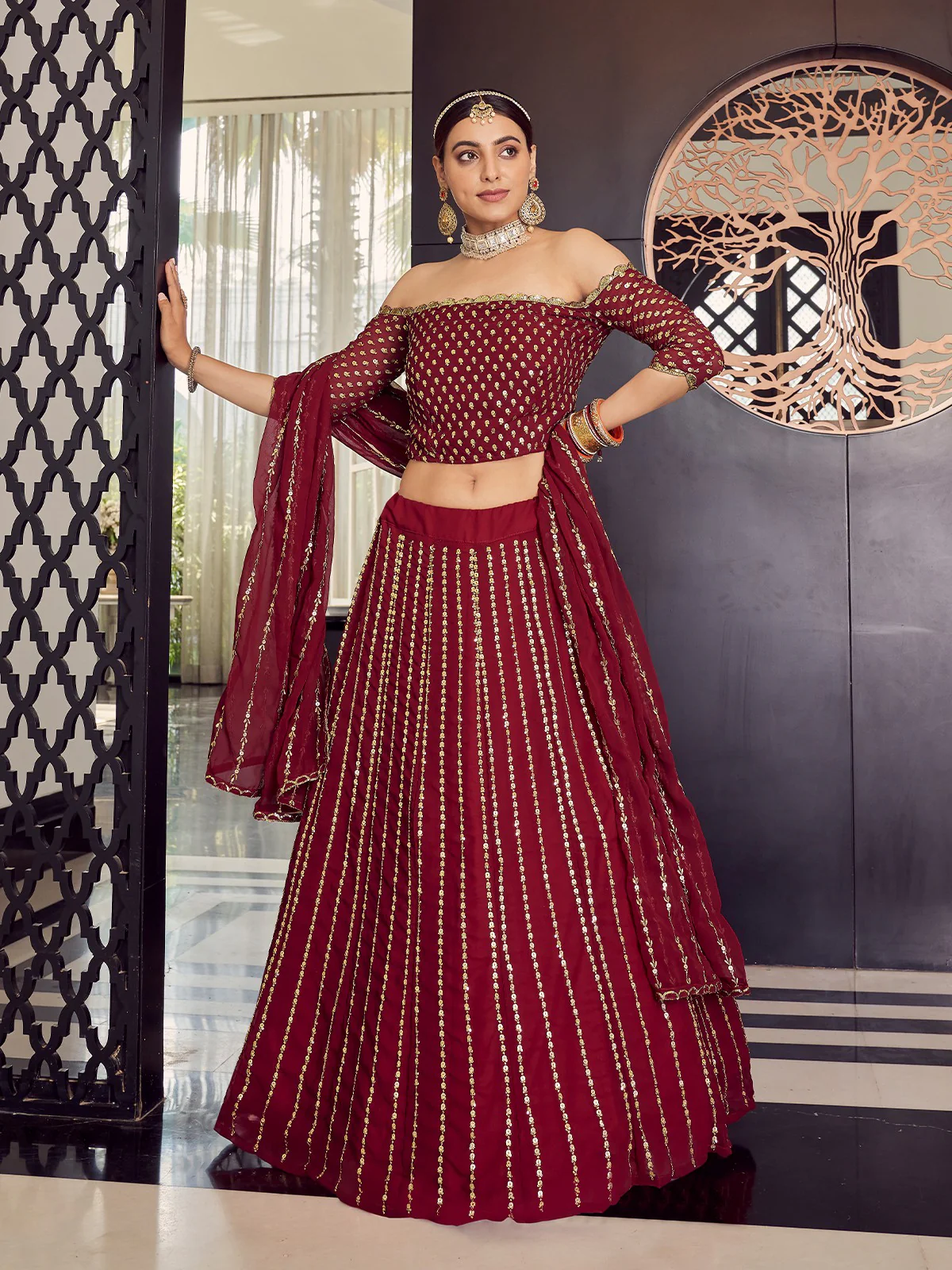 Odette Women Georgette Maroon Semi Stitched Lehenga With Unstitched Blouse - Image 2