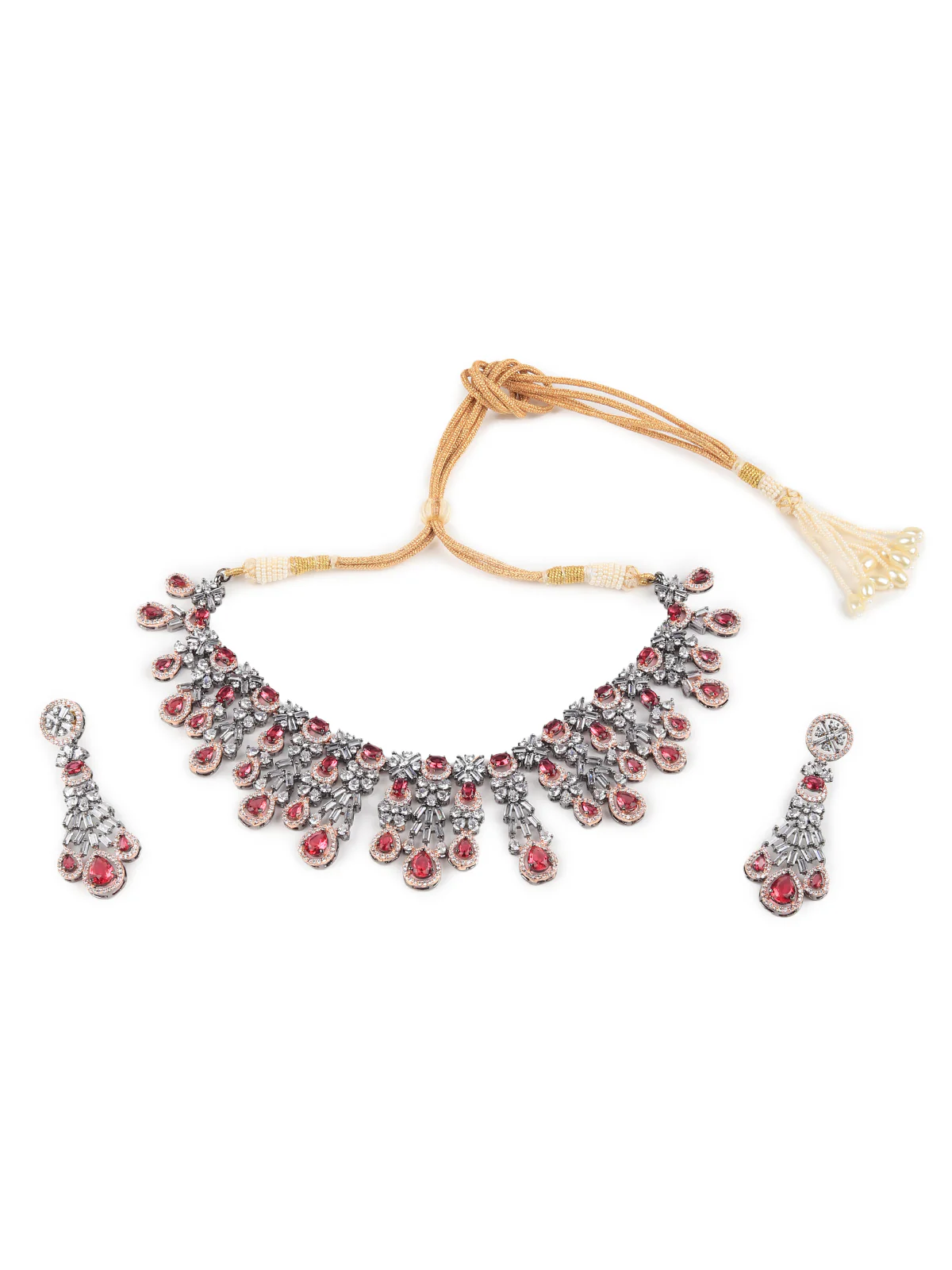 Odette Women German Rhodium And Pink Stone Studded Necklace Set - Image 3