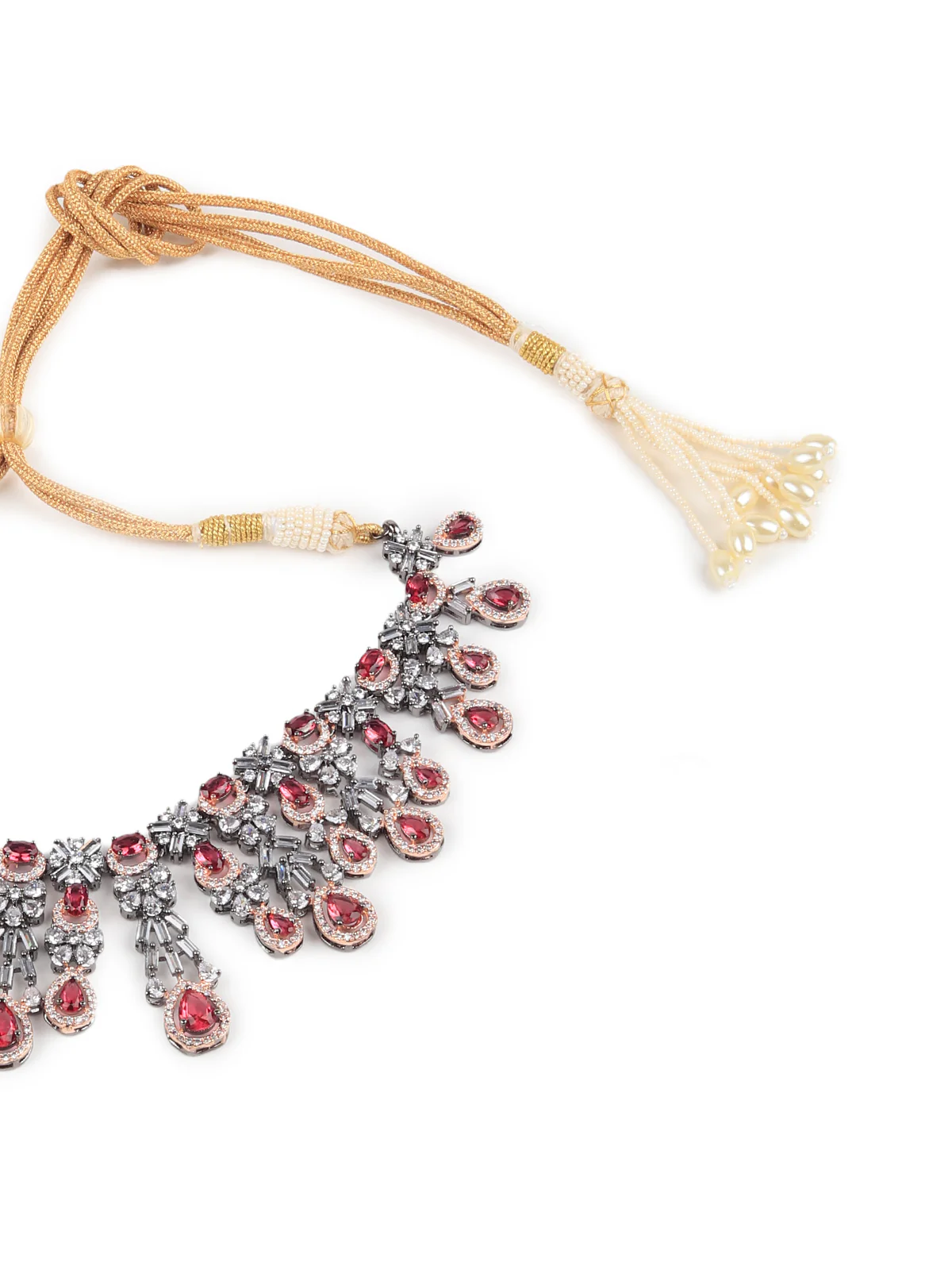 Odette Women German Rhodium And Pink Stone Studded Necklace Set - Image 6