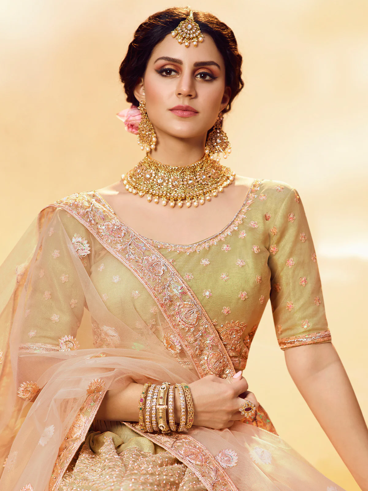 Odette Women Gold Embroidered Soft Net Semi Stitched Lehenga With Unstitched Blouse - Image 3