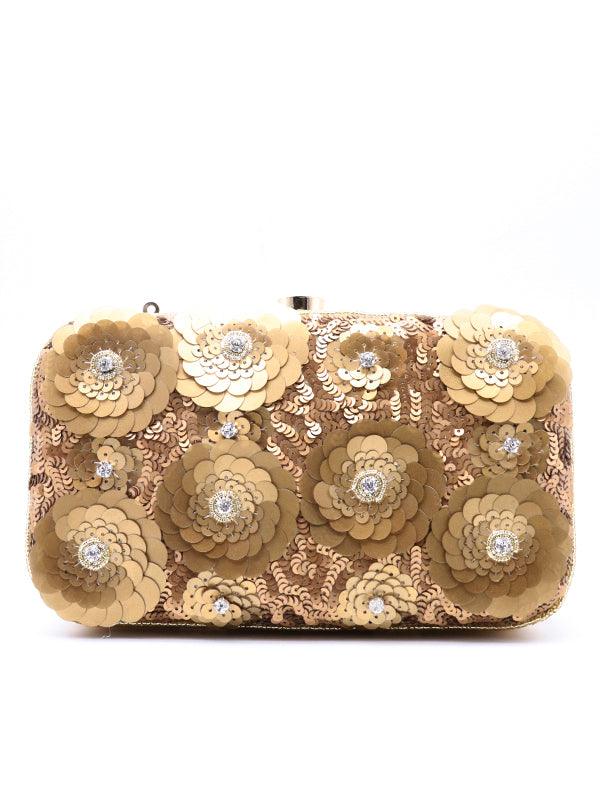 Odette Women Gold Sequined Flower Clutch - Image 3