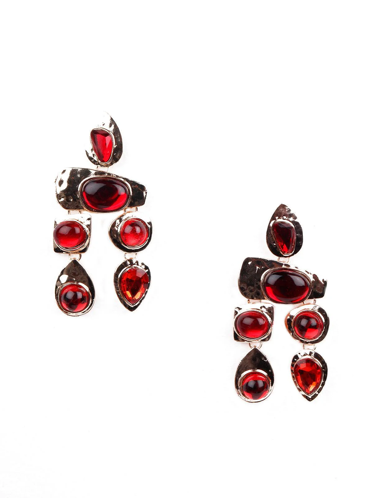 Odette Women Gold Textured Red Statement Drop Earrings - Image 3