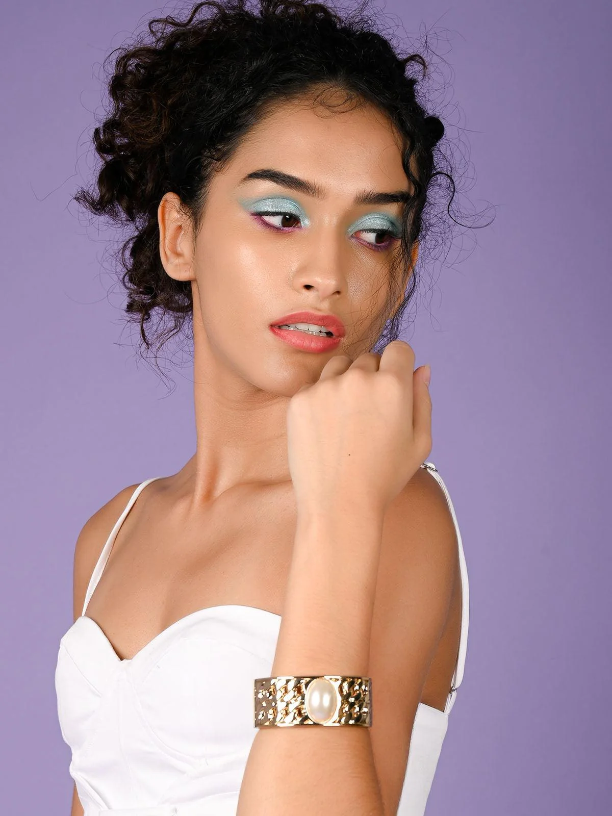 Odette Women Gold-Tone Textured Stunning White Pearl Embellished Bracelet - Image 2