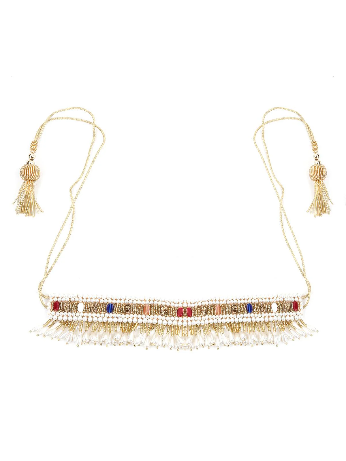 Odette Women Golden Beaded Fabric Tie-Able Tassel Belt! - Image 3