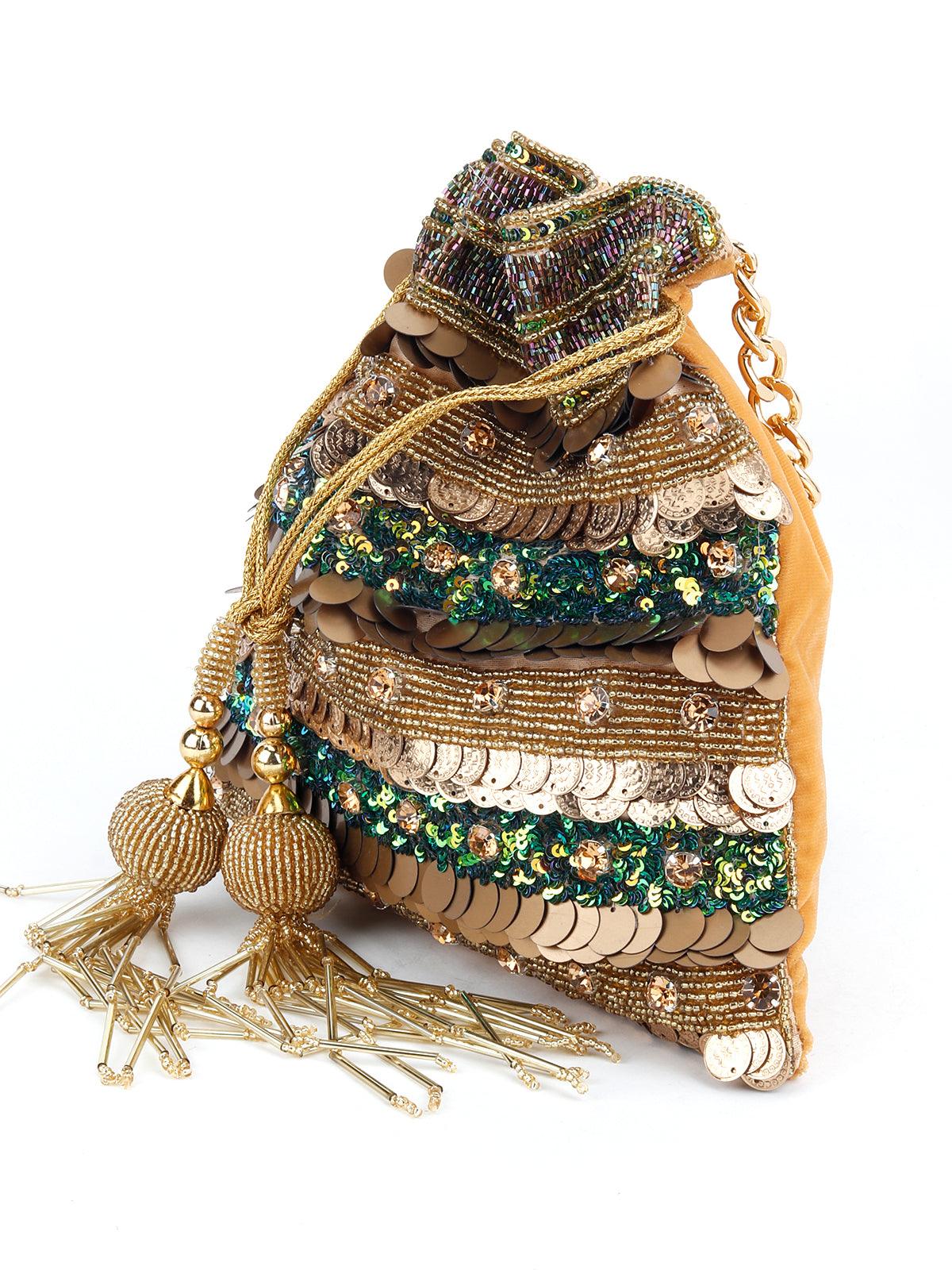 Odette Women Golden Heavily Sequins Traditional Potli - Image 4
