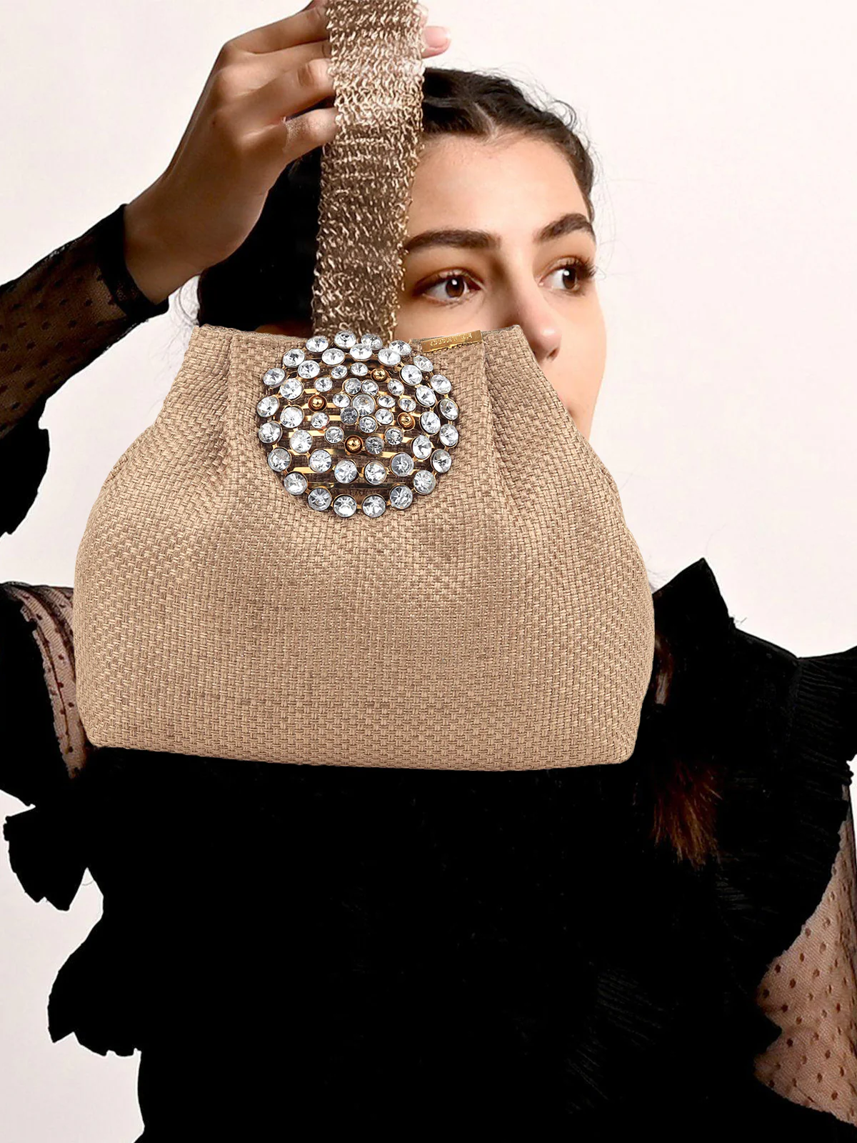 Odette Women Golden Jute Batuwa With Centre Strap - Image 2
