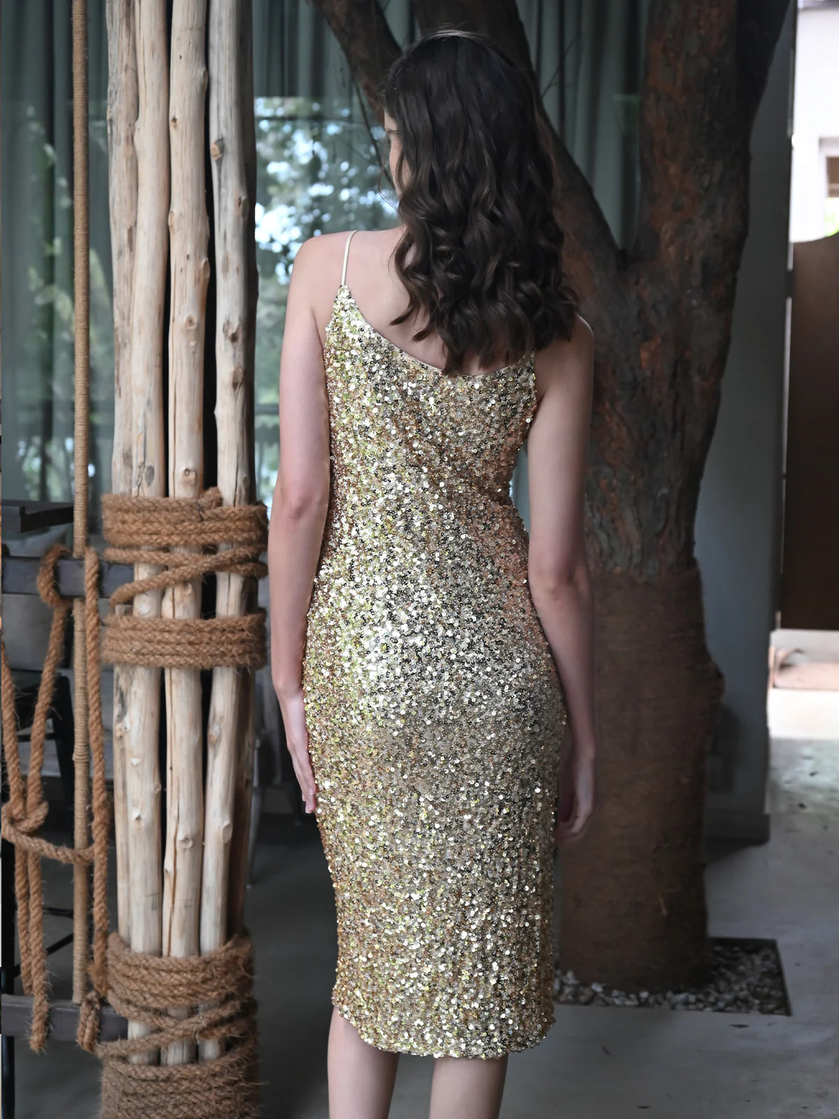 Odette Women Golden Net Lycra With Sequins A Line Dress - Image 4