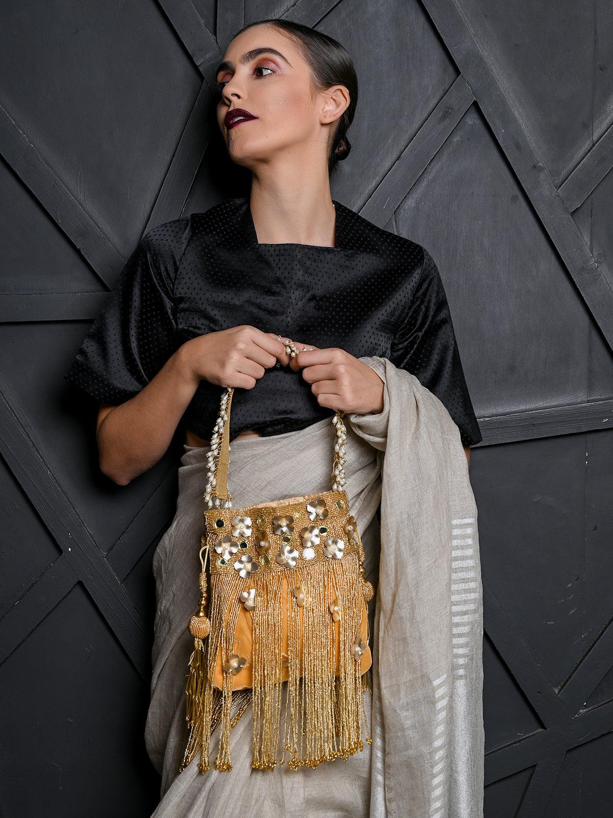 Odette Women Golden Pearl Potli Bag - Image 2