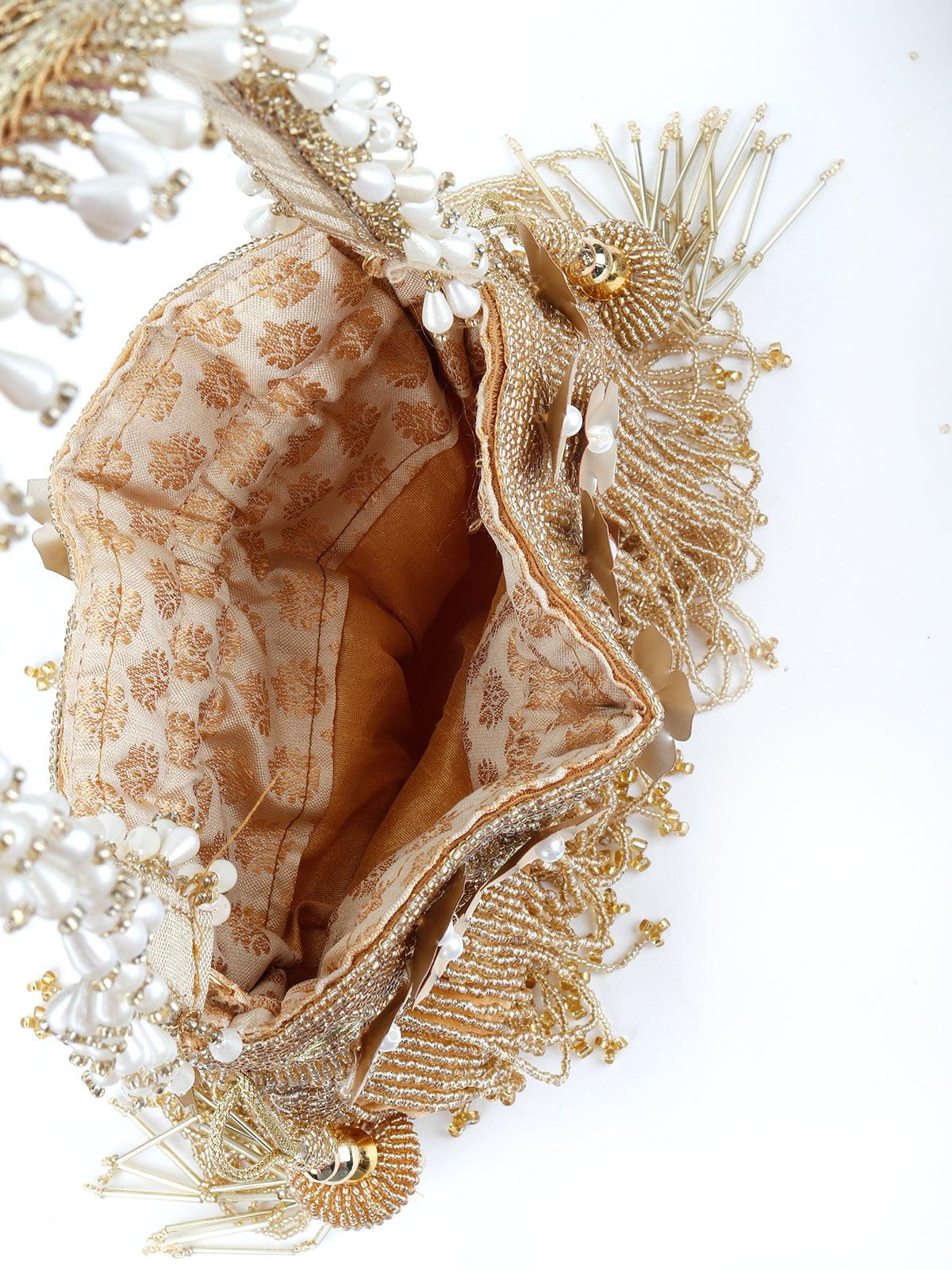 Odette Women Golden Pearl Potli Bag - Image 4