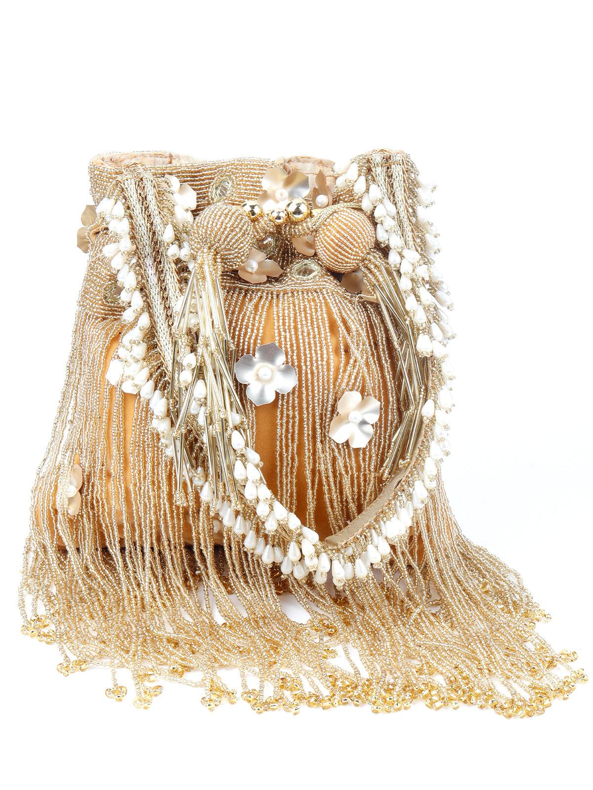 Odette Women Golden Pearl Potli Bag - Image 5