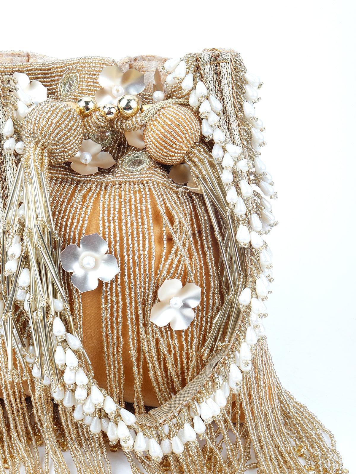 Odette Women Golden Pearl Potli Bag - Image 6