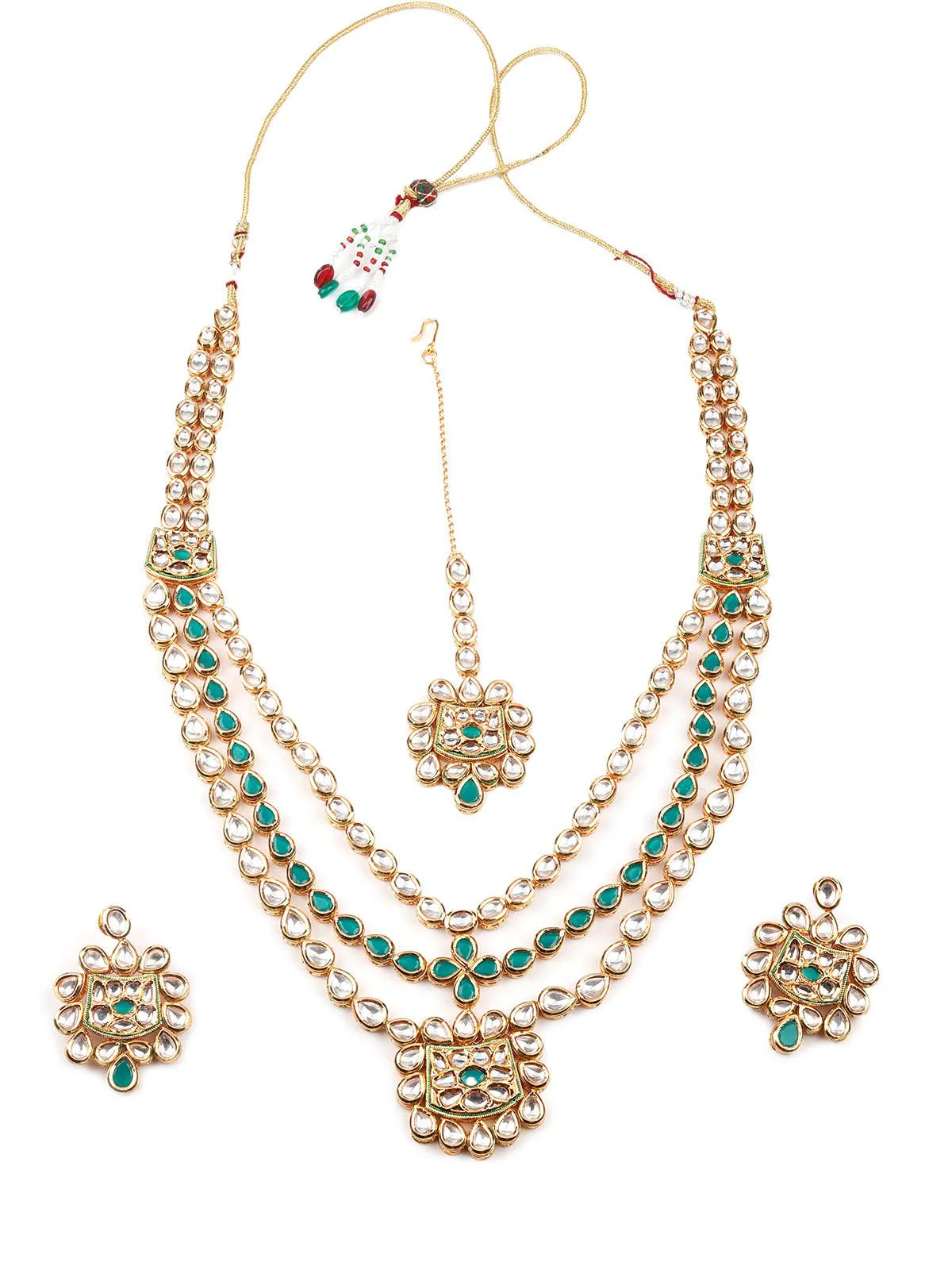Odette Gorgeous Green And White Kundan Necklace Set For Women - Image 3