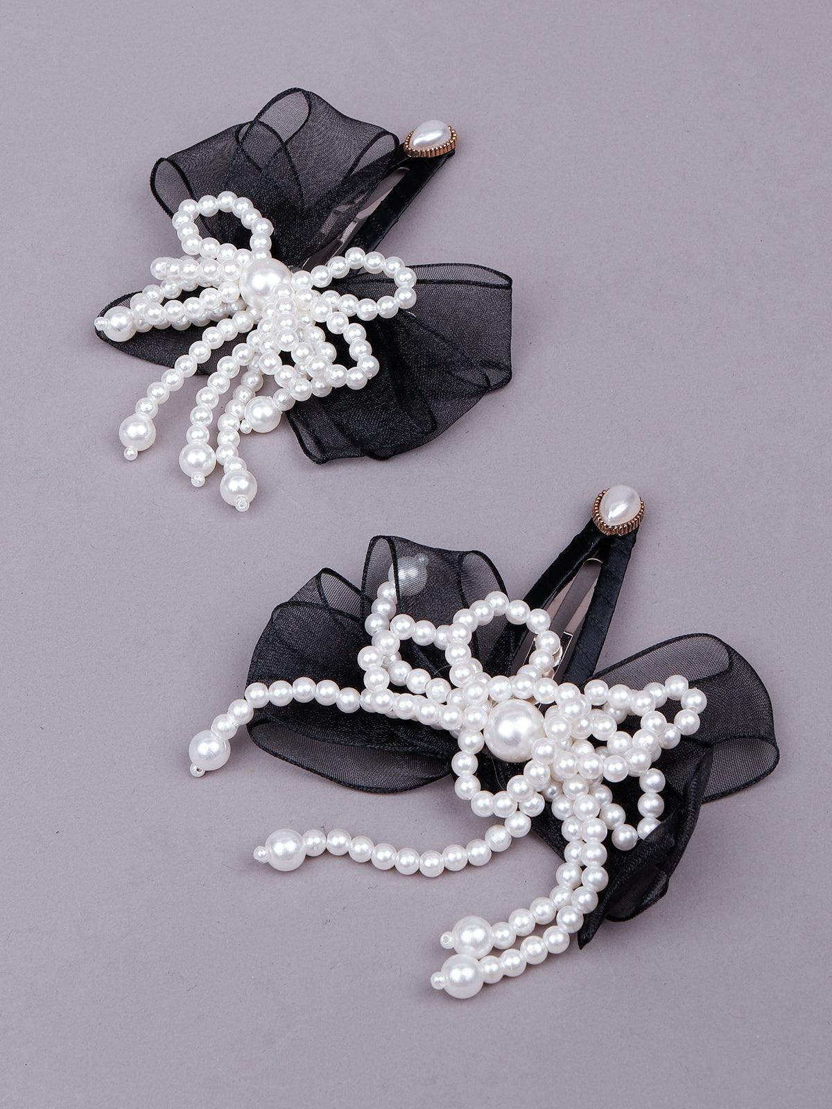 Odette Women Black Bow Hair-Clips Embellished With Artificial Pearls - Image 3