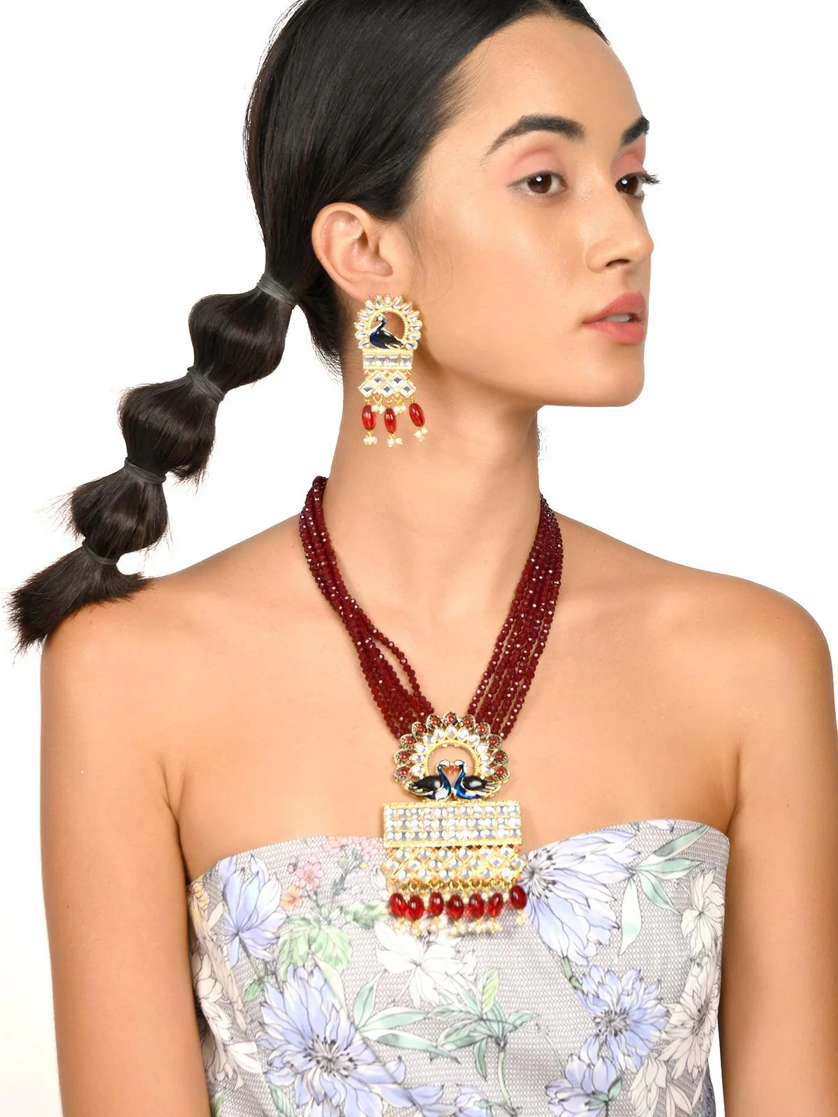 Odette Women Gorgeous Maroon Peacock Embellished Necklace - Image 2