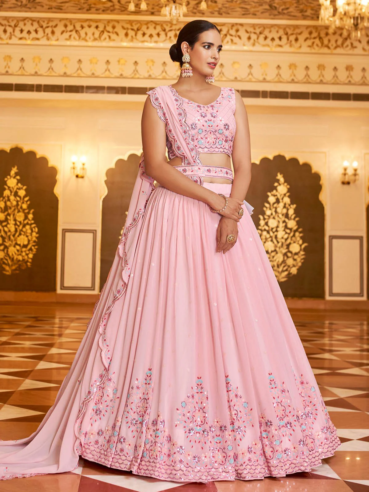Odette Women Gorgeous Pink Semi Stitched Lehenga With Unstitched Blouse - Image 2