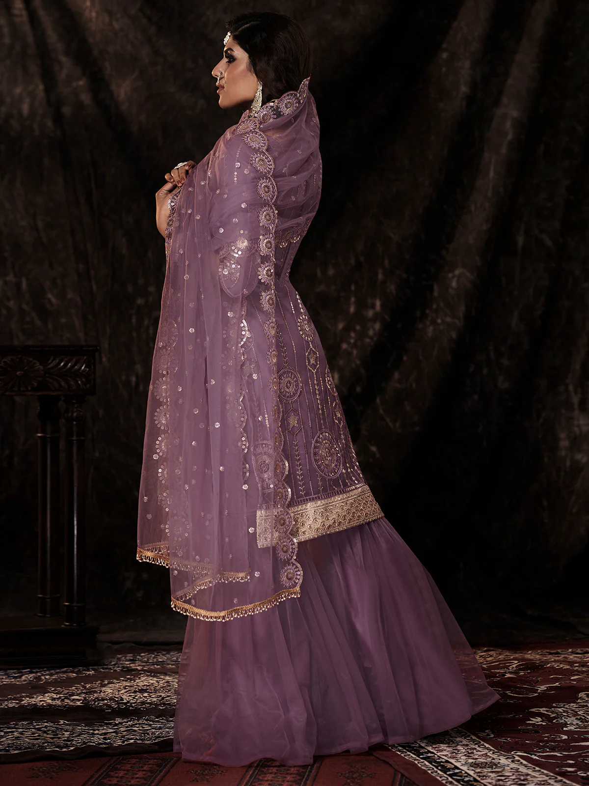 Odette Women Gorgeous Purple Soft Net Semi Stitched Kurta Set - Image 2