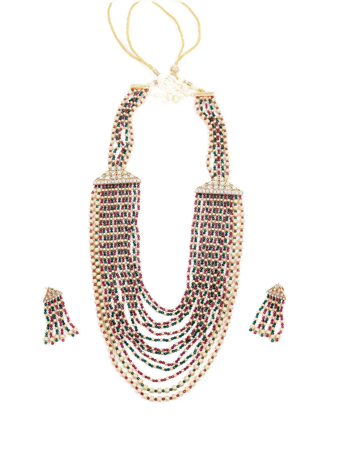Odette Gorgeous Red And Green And Gold Long Necklace Set For Women - Image 3
