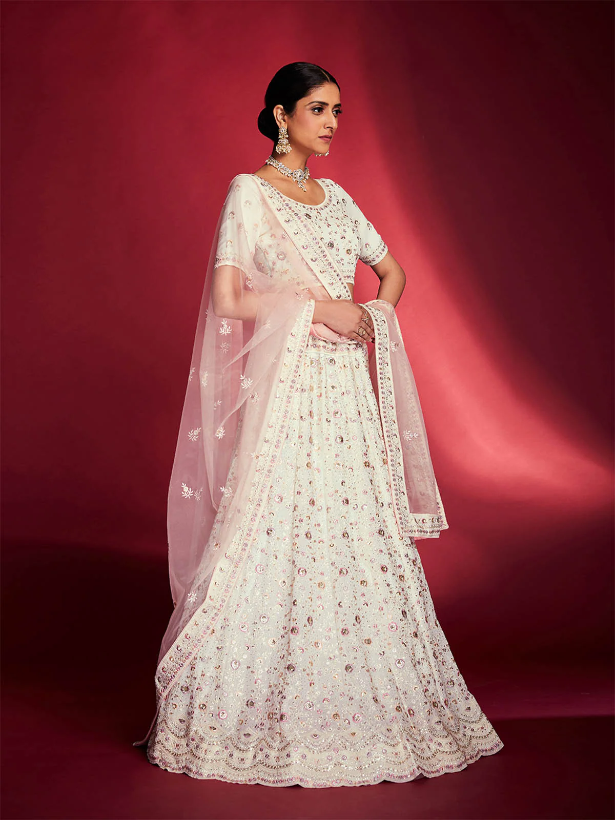 Odette Women Gorgeous White Georgette Embroidered Semi Stitched Lehenga Choli - Image 2