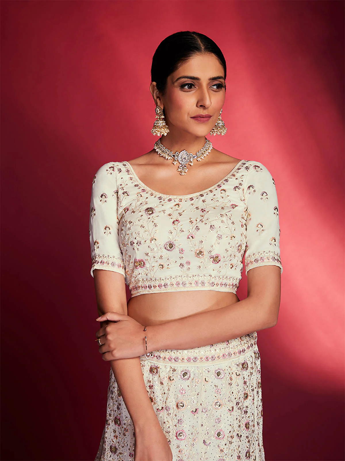 Odette Women Gorgeous White Georgette Embroidered Semi Stitched Lehenga Choli - Image 6