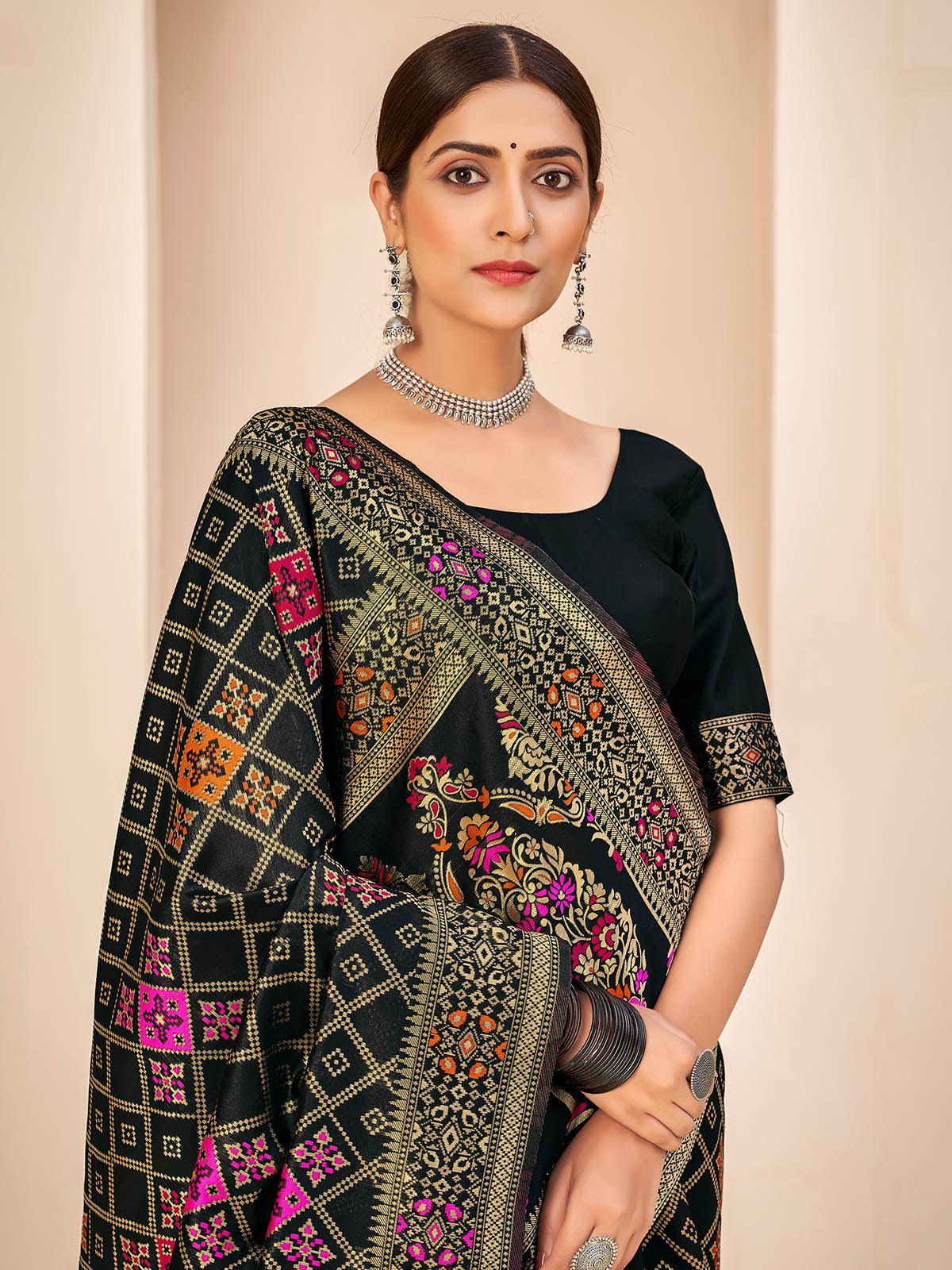 Odette Women Gorgeous Woven Black Banarasi Silk Saree With Unstitched Blouse - Image 3