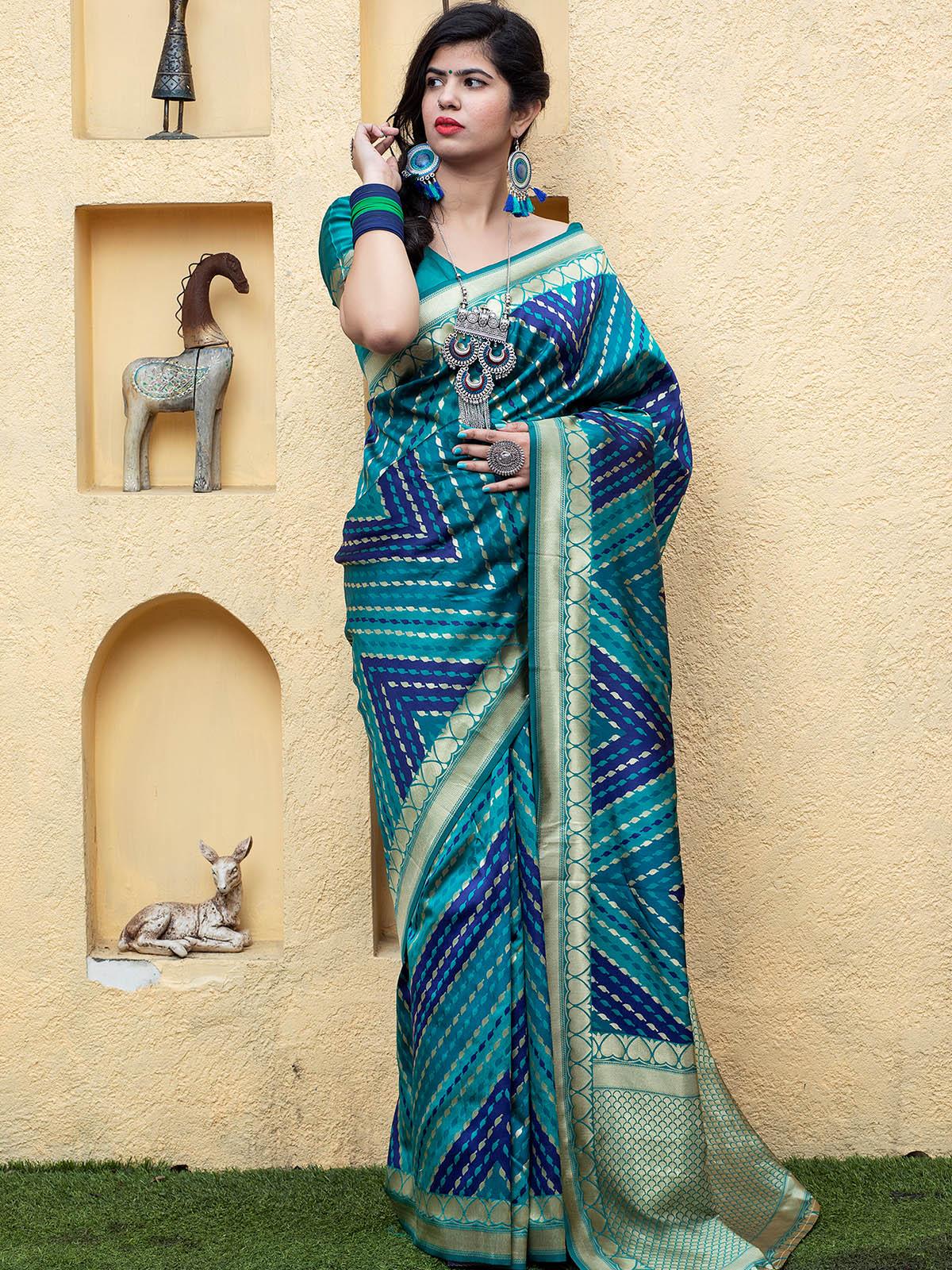 Odette Women Gorgeous Woven Blue Banarasi Silk Saree With Unstitched Blouse - Image 3