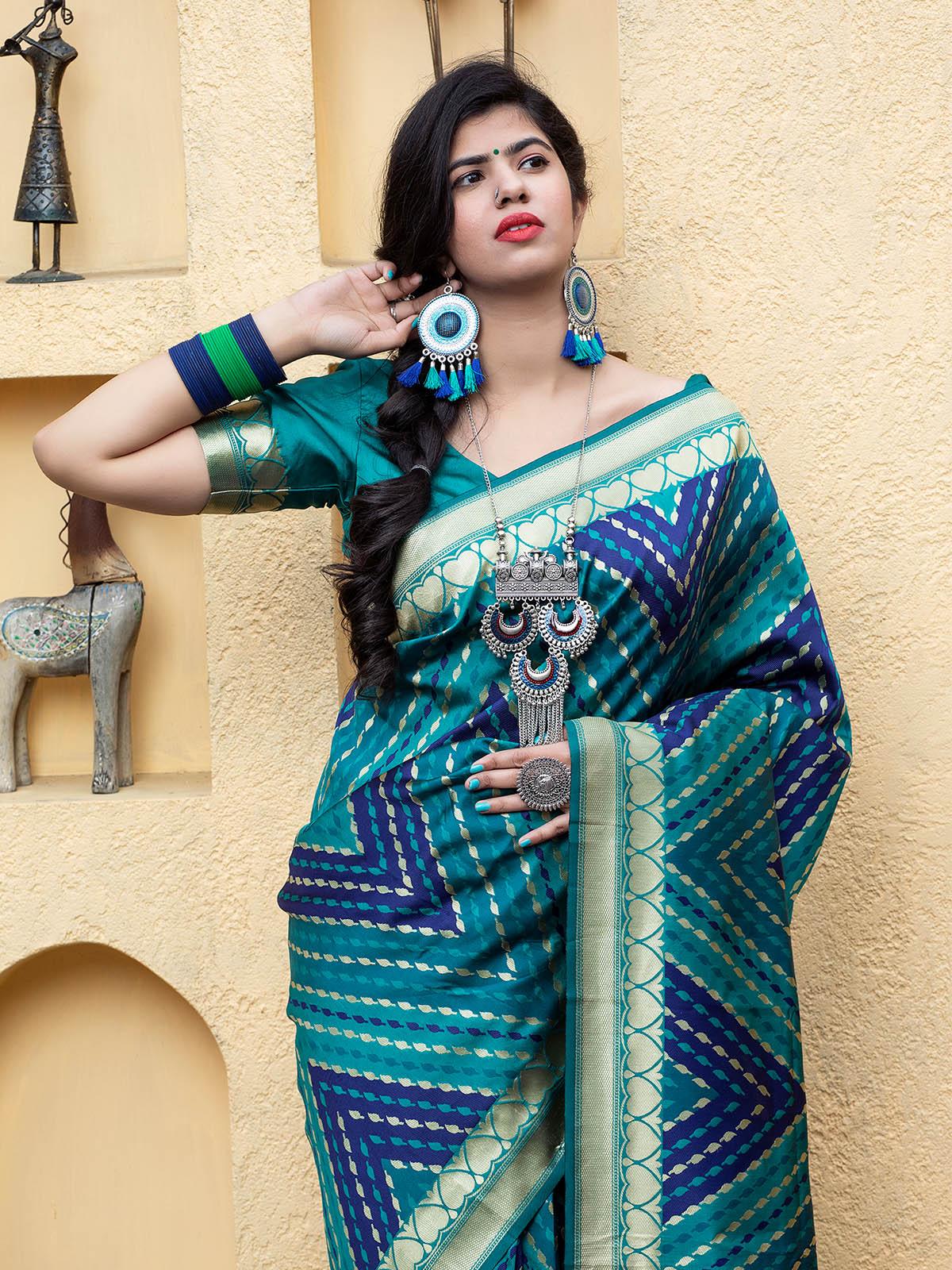 Odette Women Gorgeous Woven Blue Banarasi Silk Saree With Unstitched Blouse - Image 4