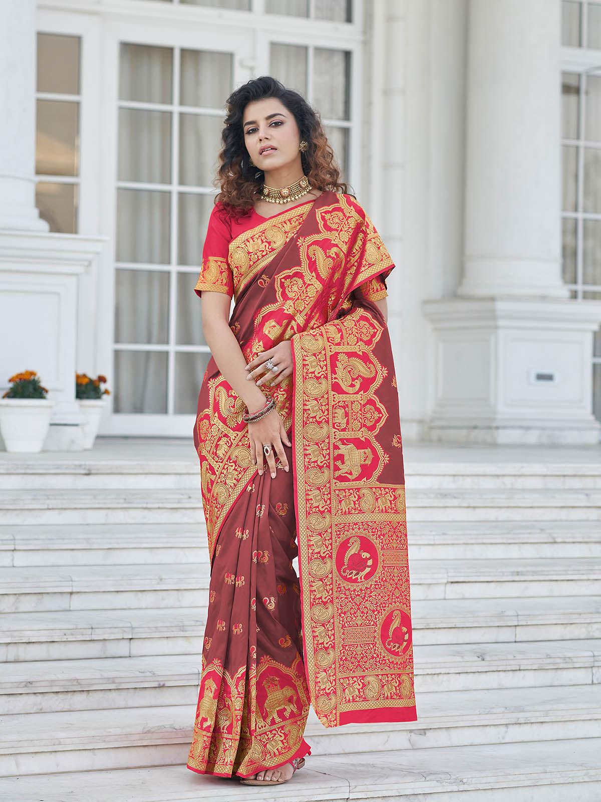 Odette Women Gorgeous Woven Brown Banarasi Silk Saree With Unstitched Blouse - Image 2