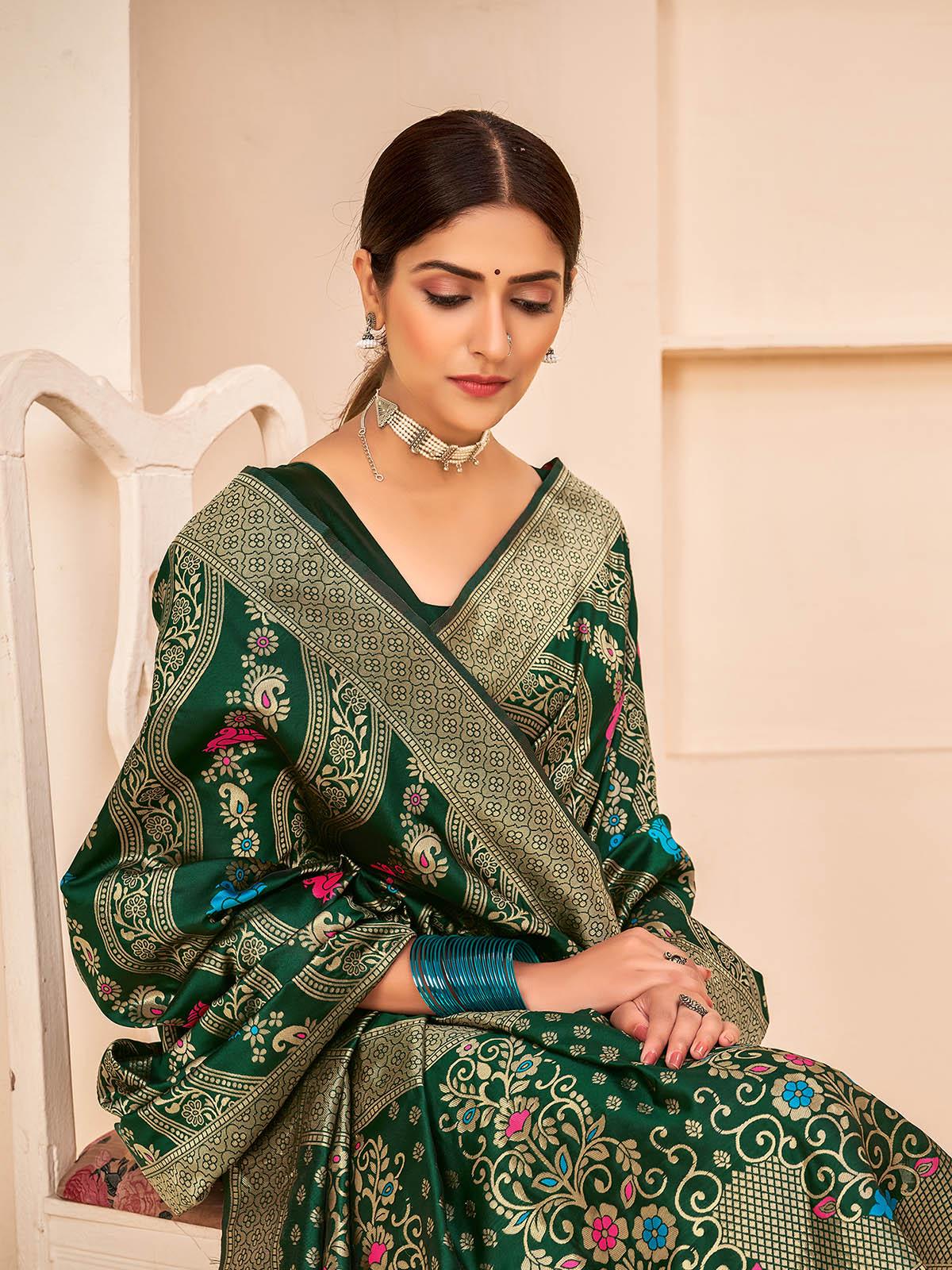 Odette Women Gorgeous Woven Dark Green Banarasi Silk Saree With Unstitched Blouse - Image 3