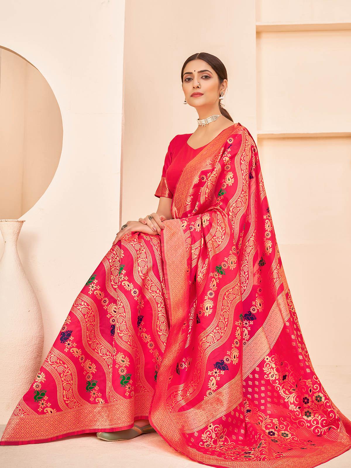 Odette Women Gorgeous Woven Deep Pink Banarasi Silk Saree With Unstitched Blouse - Image 3