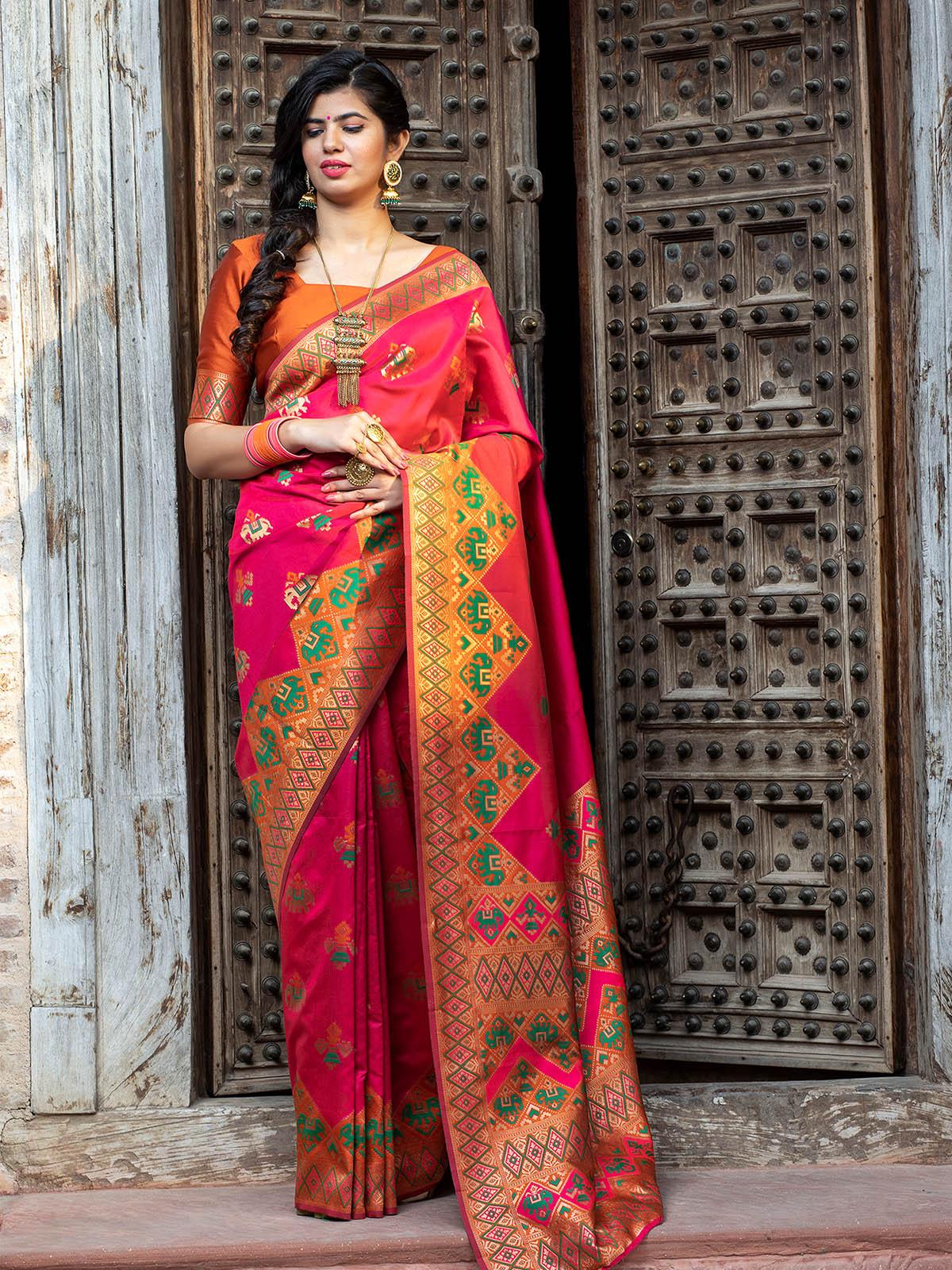 Odette Women Gorgeous Woven Deep Pink Patola Silk Saree With Unstitched Blouse - Image 4