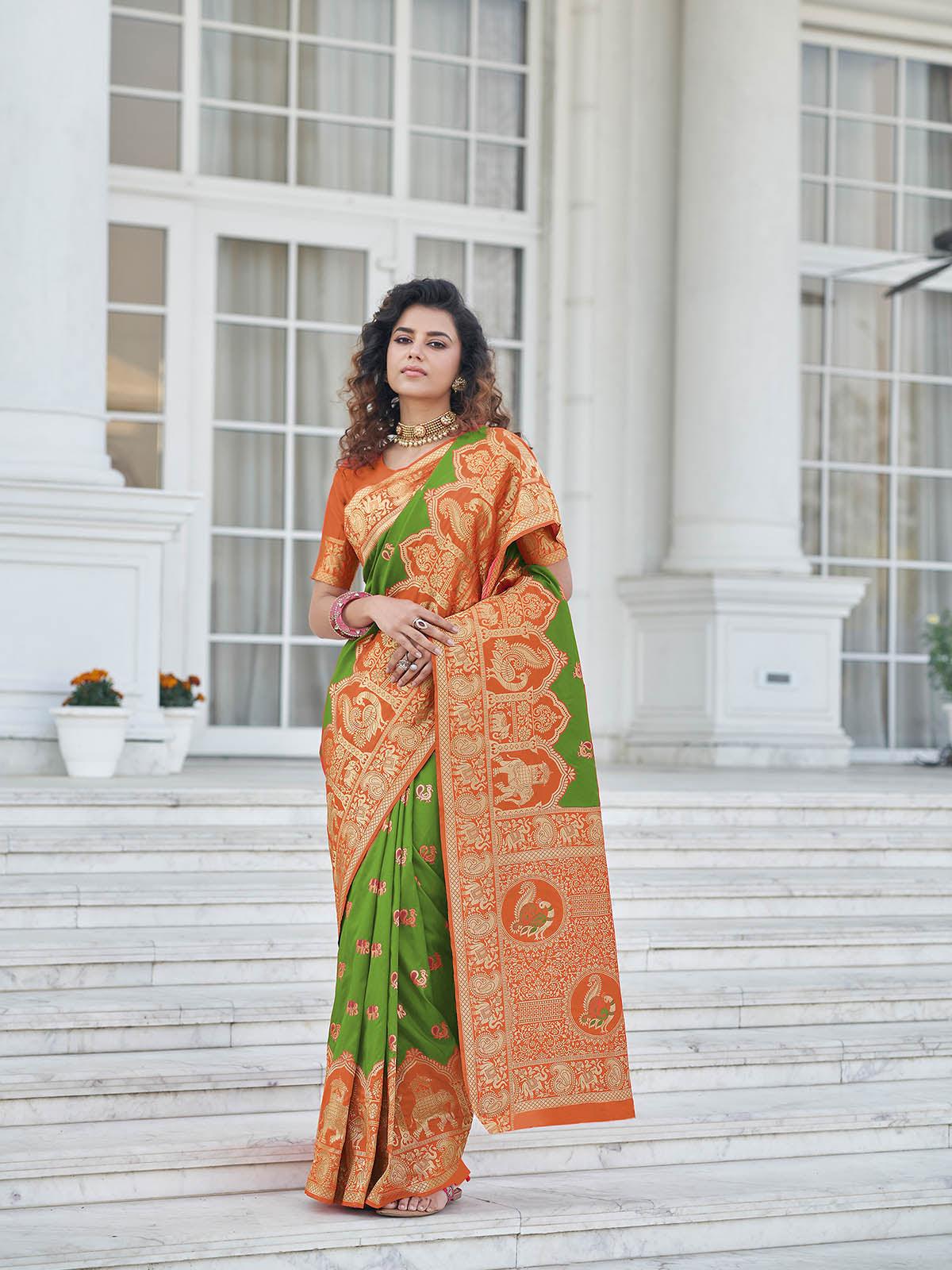 Odette Women Gorgeous Woven Green Banarasi Silk Saree With Unstitched Blouse - Image 2