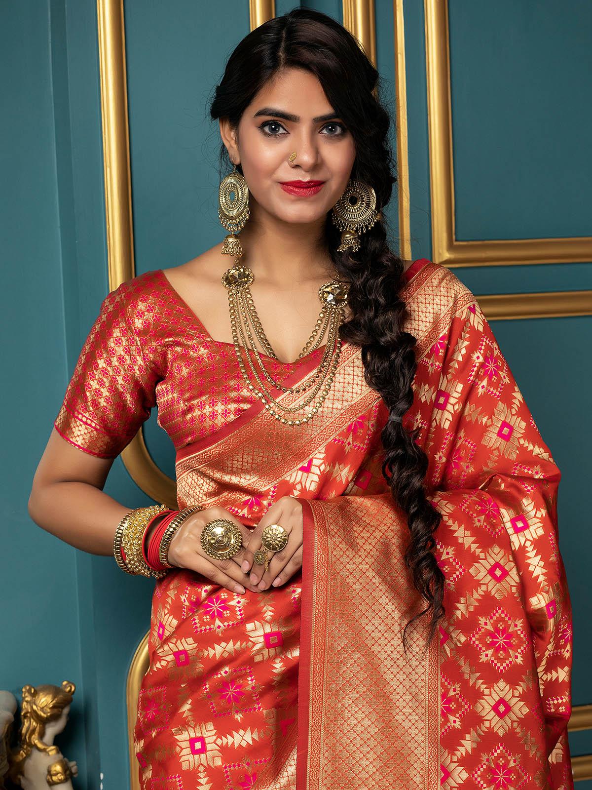 Odette Women Gorgeous Woven Red Banarasi Silk Saree With Unstitched Blouse - Image 3