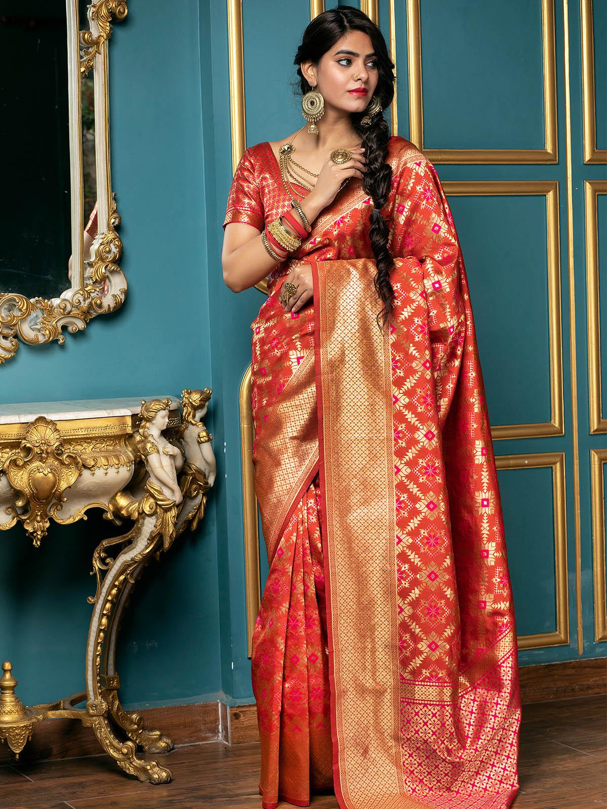 Odette Women Gorgeous Woven Red Banarasi Silk Saree With Unstitched Blouse - Image 4