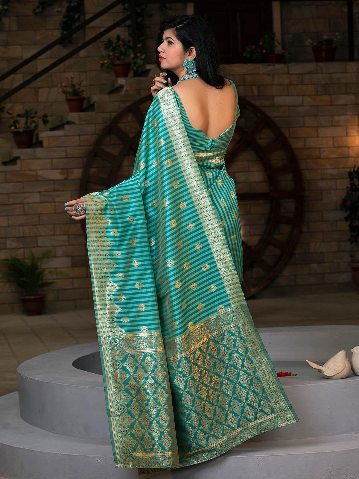 Odette Women Gorgeous Woven Green Banarasi Silk Saree With Unstitched Blouse - Image 2