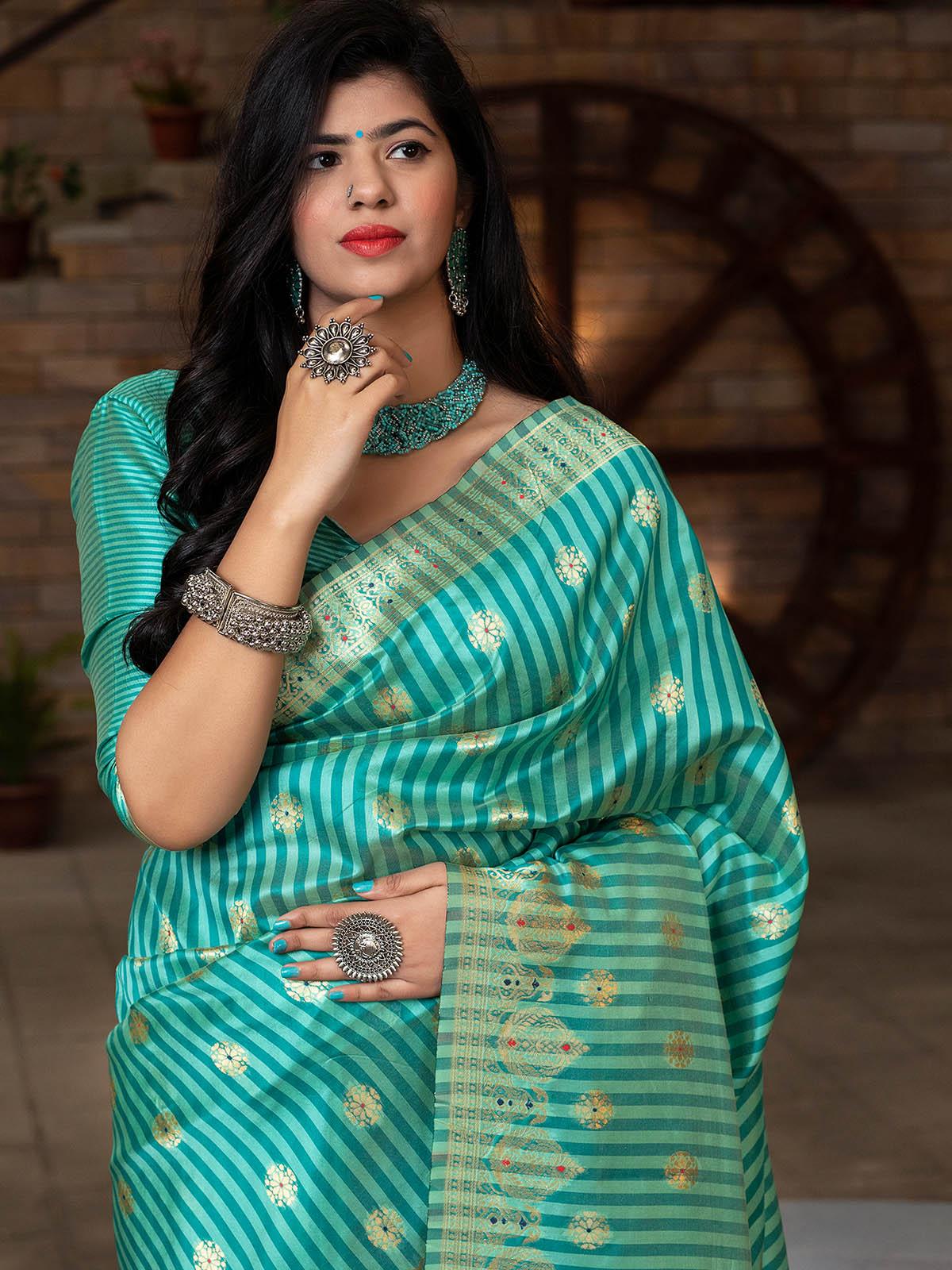 Odette Women Gorgeous Woven Green Banarasi Silk Saree With Unstitched Blouse - Image 4