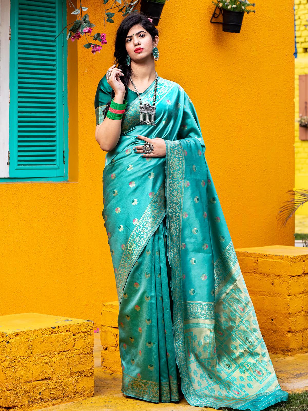 Odette Women Gorgeous Woven Blue Benarasi Silk Saree With Unstitched Blouse - Image 3