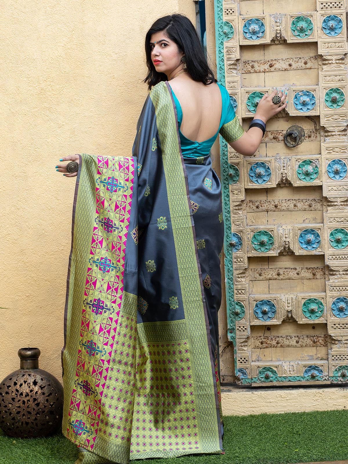 Odette Women Gorgeous Woven Grey Banarasi Silk Saree With Unstitched Blouse - Image 2