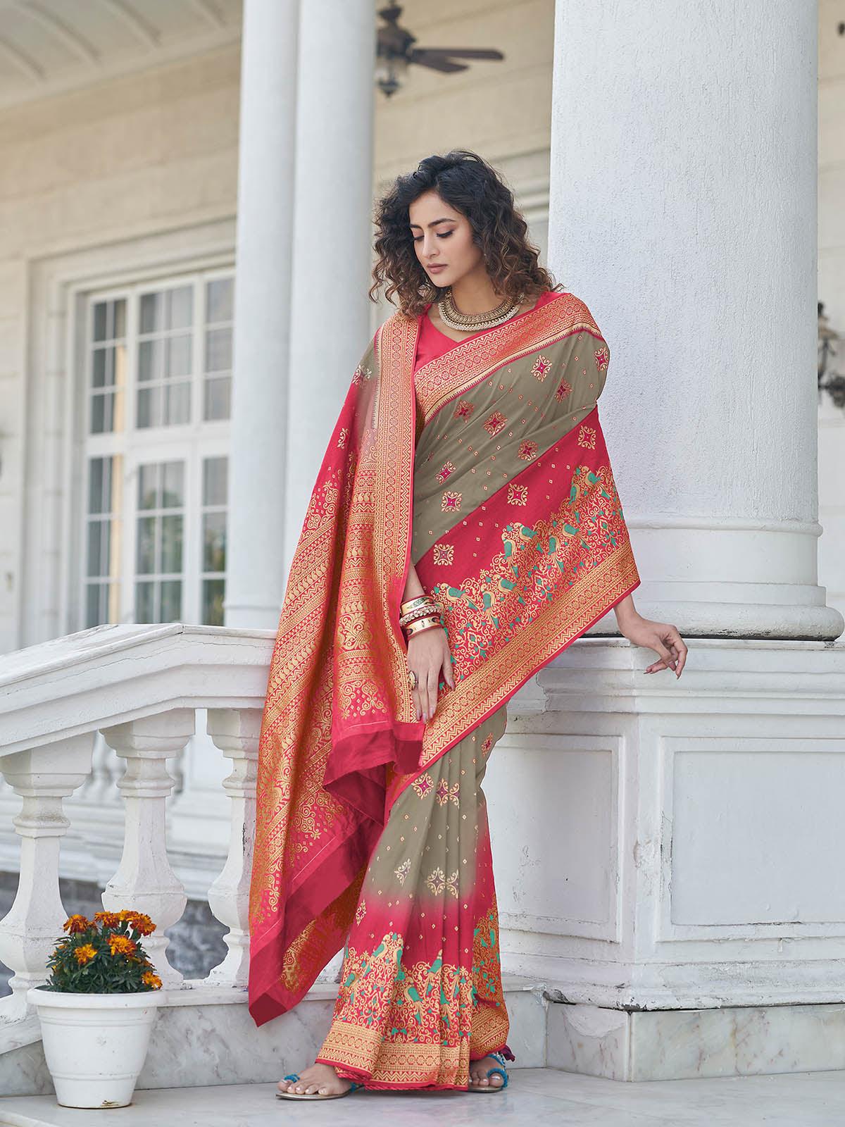 Odette Women Gorgeous Woven Grey Banarasi Silk Saree With Unstitched Blouse - Image 2