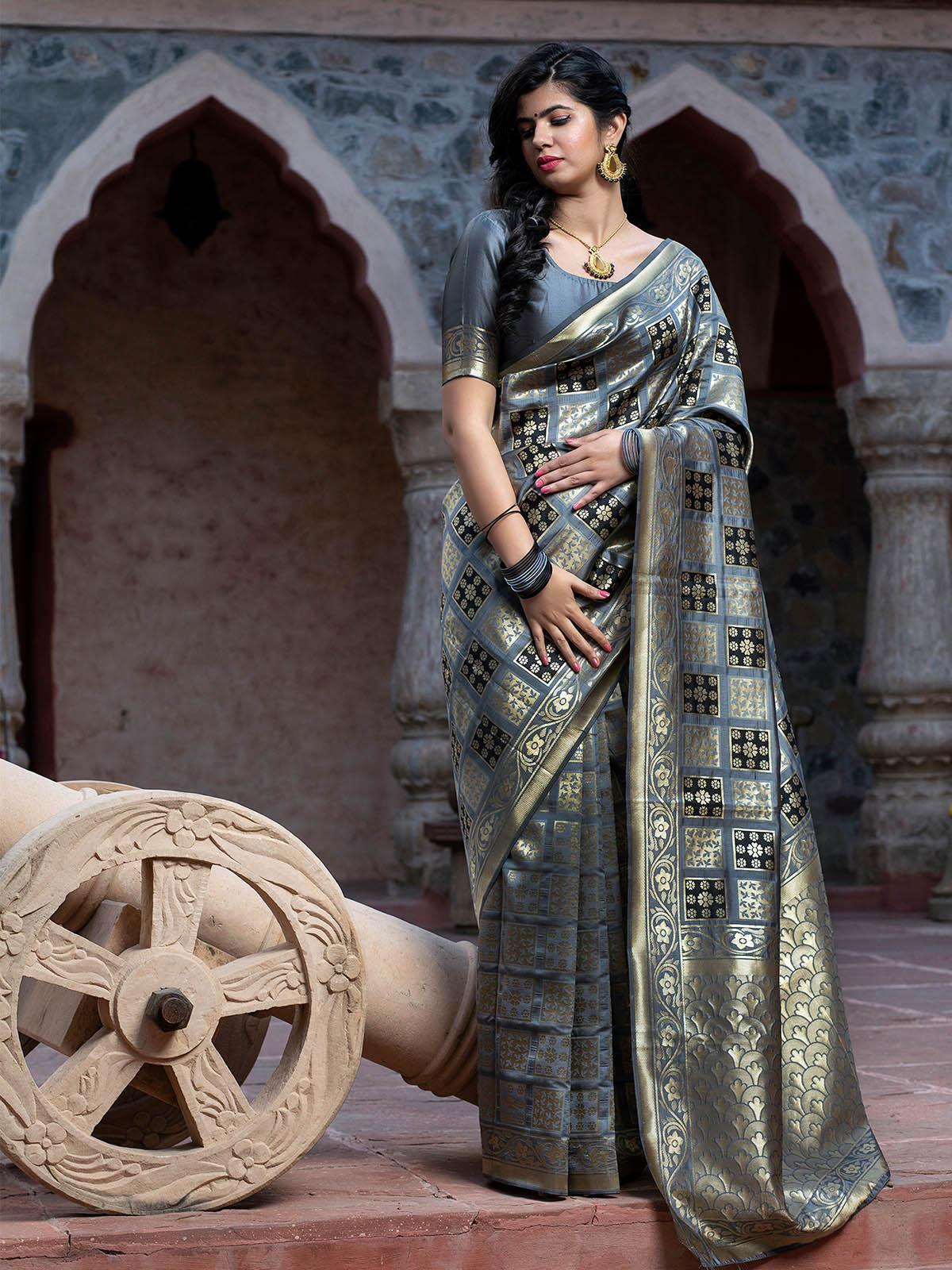 Odette Women Gorgeous Woven Grey Banarasi Silk Saree With Unstitched Blouse - Image 4